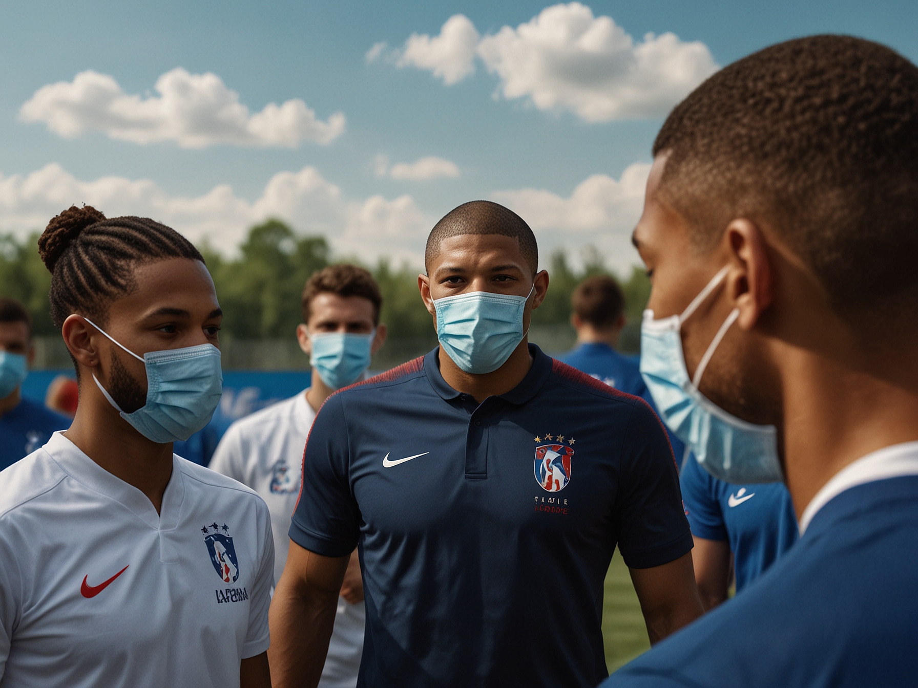 The French national team's medical staff and coaches surround Mbappe on the training ground, providing support and advice as he adjusts to his new protective mask. Teammates watch in solidarity, emphasizing unity ahead of the Poland match.