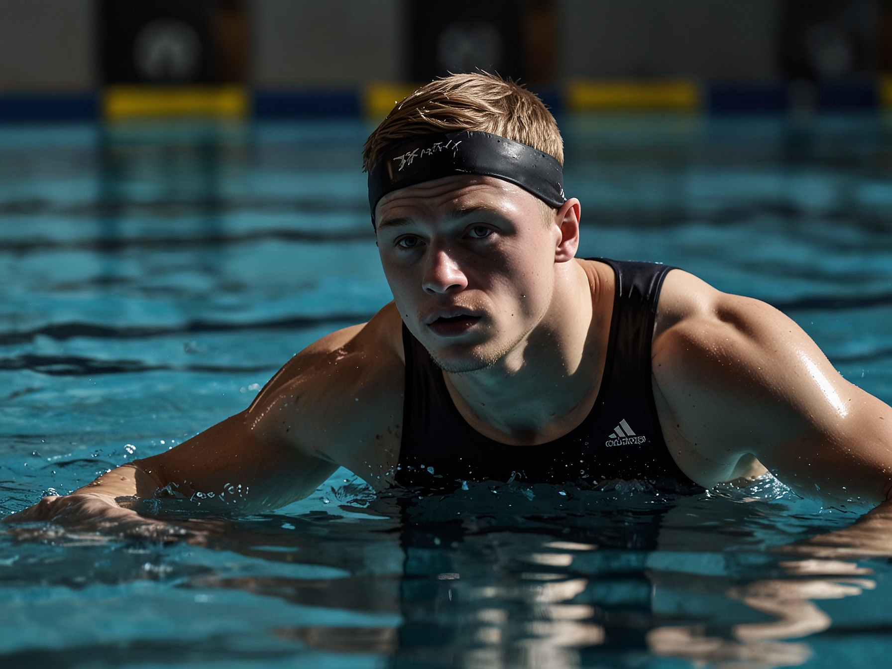 Adam Peaty during a swimming training session, highlighting his rigorous physical preparation balanced with a focus on mental and emotional well-being as he gears up for the Paris Olympics.
