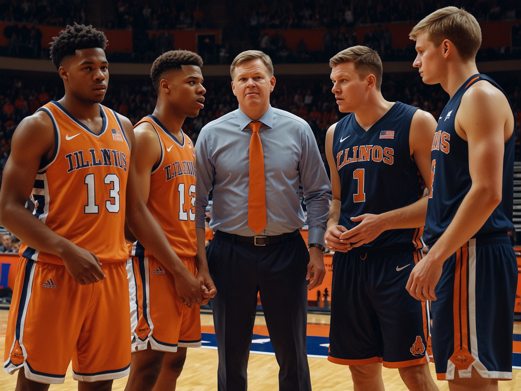 Illustration of the Illinois basketball team, highlighting Coach Brad Underwood strategizing with players. Will Riley's potential reclassification brings new excitement and possibilities for the team's future success.