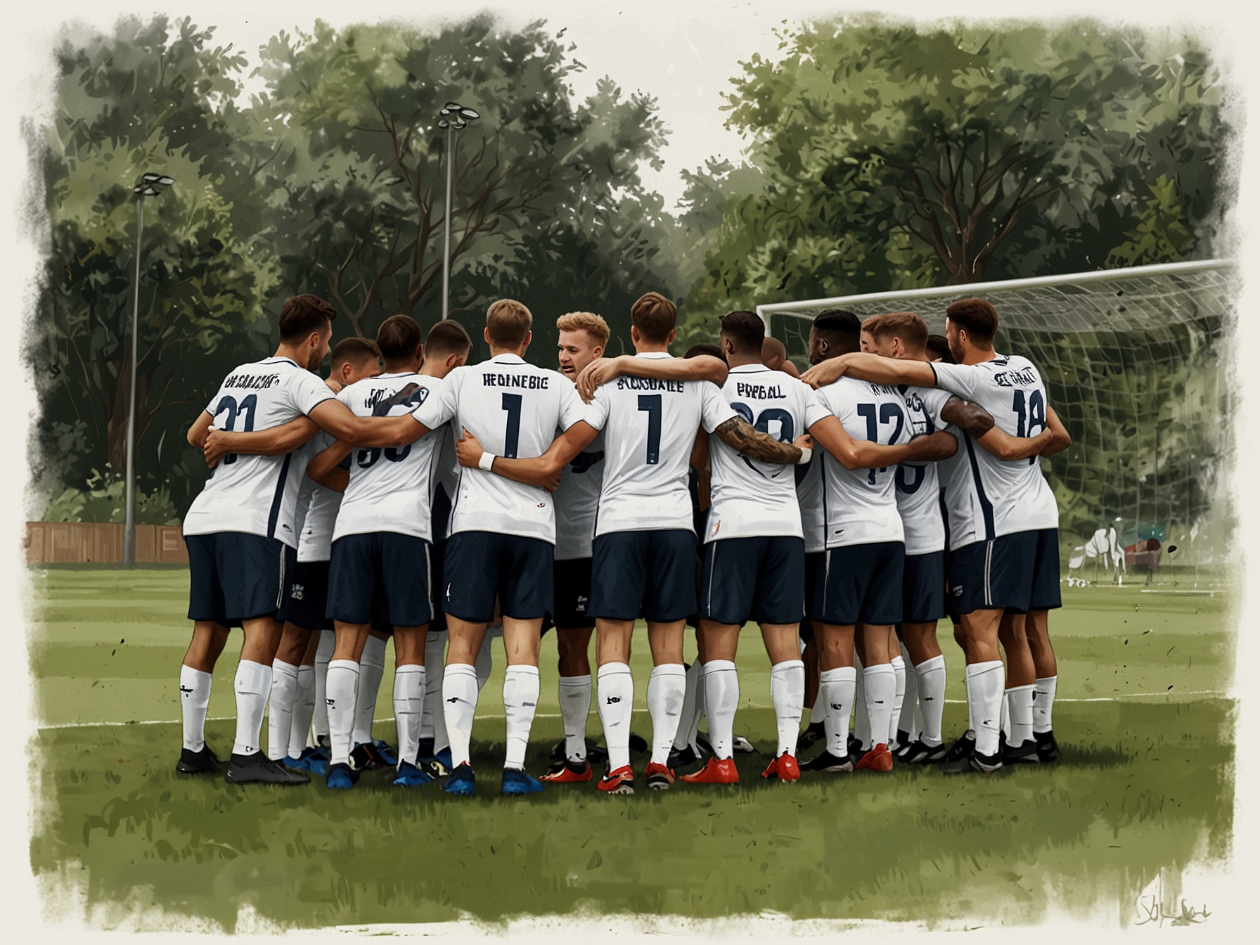 The England national football team gathered in a huddle at their training camp, surrounded by lush greenery, as they prepare intensively for their upcoming Euro 2024 matches.