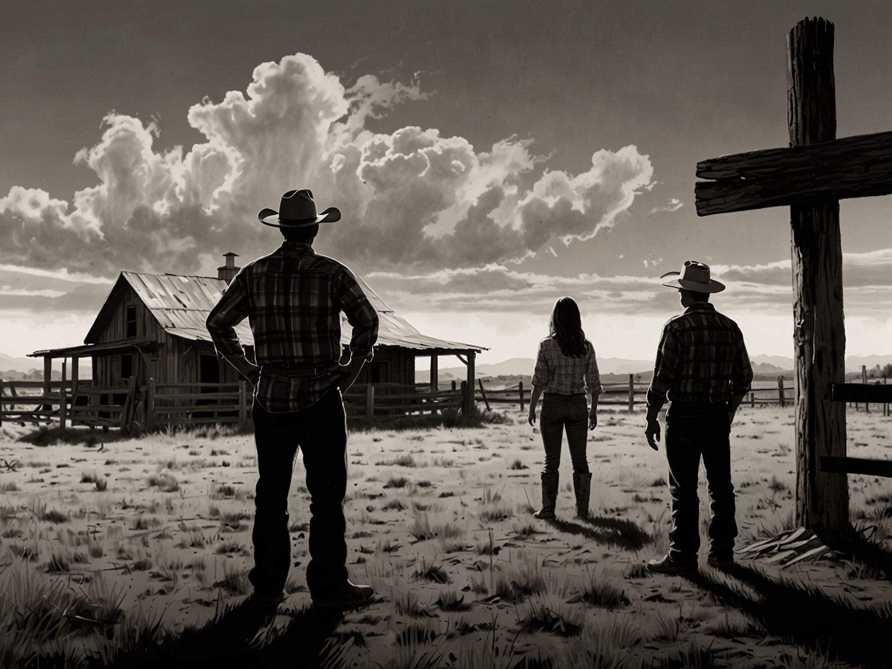 An image showing the Dutton family standing at their ranch during a tense moment, indicating the intense family dynamics that continue to unfold without John Dutton's presence.