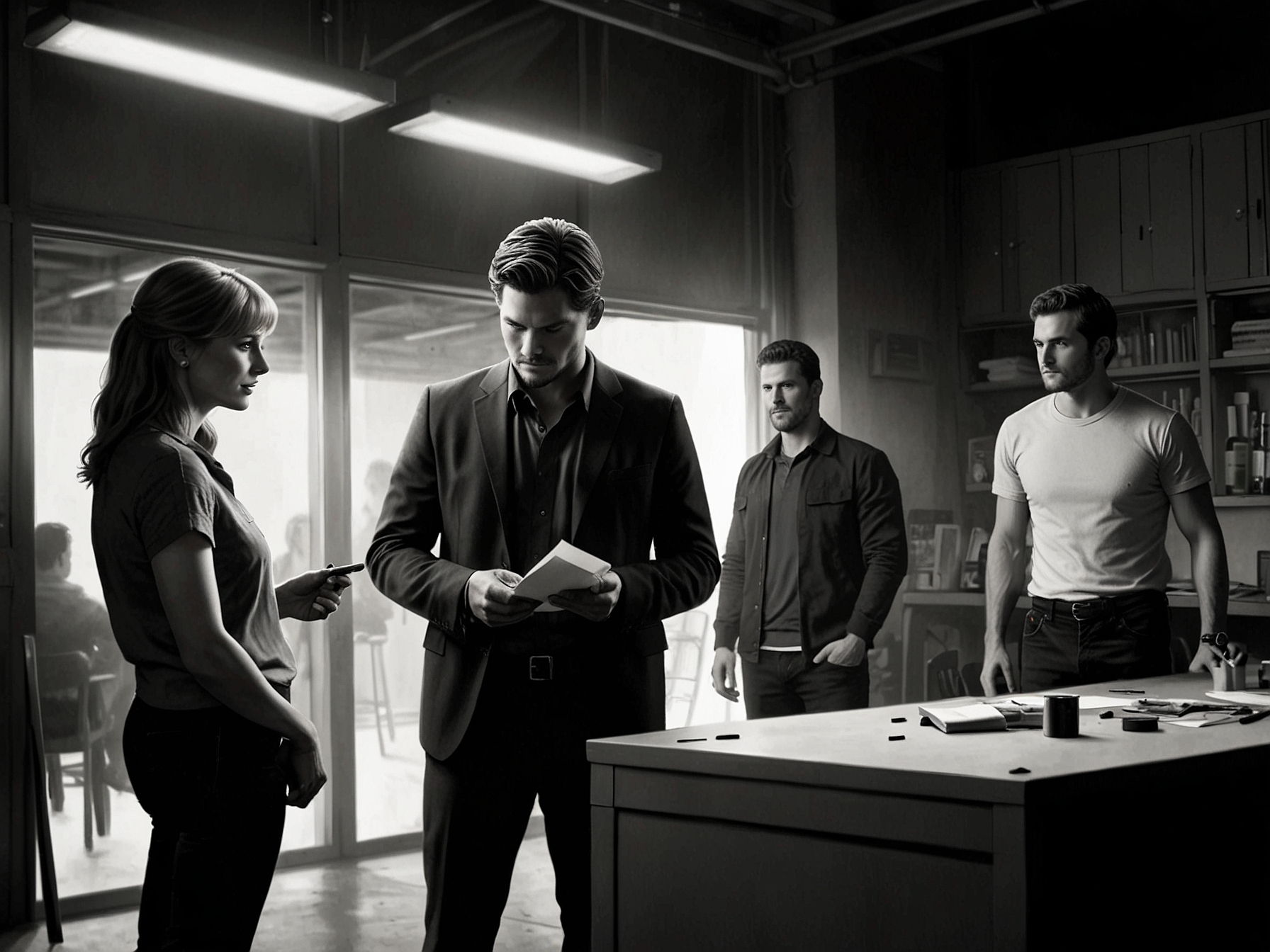 A behind-the-scenes image illustrating the remaining cast members, including Luke Grimes, Kelly Reilly, Wes Bentley, and Cole Hauser, preparing for a crucial scene in the final episodes.
