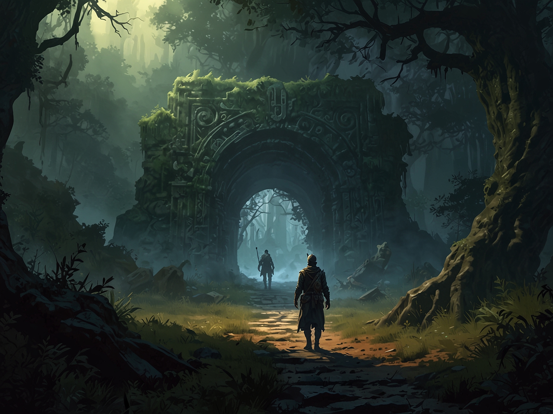 An adventurer stands at the entrance of the labyrinthine forest in the Festering Plains, the hidden path leading to the formidable Crypts of Malediction, shrouded in an eerie mist.