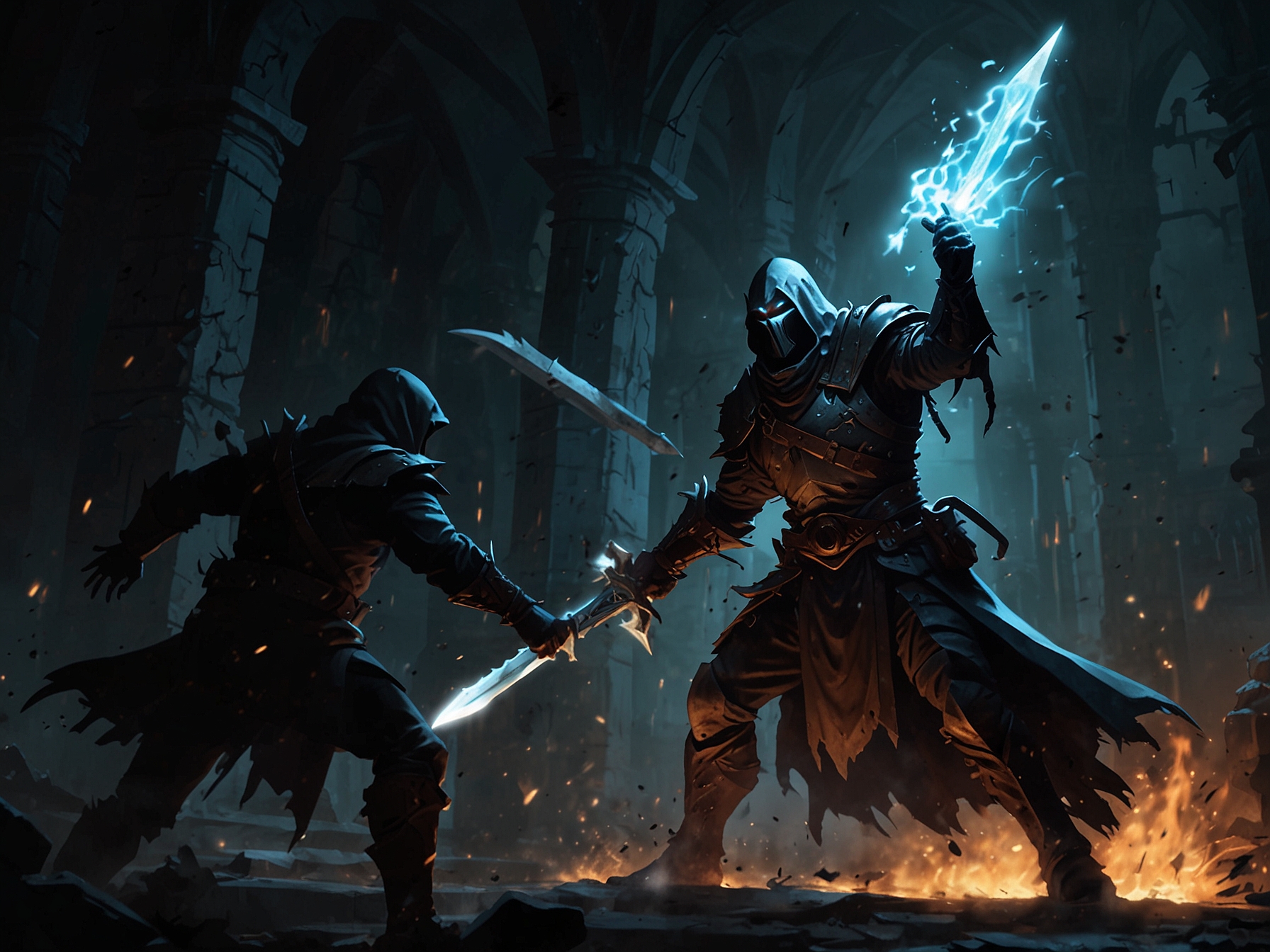 The climactic battle against the Malediction Warden within the dark crypt, showcasing the boss's dark magic and massive cursed blade, with the adventurer skillfully dodging a powerful attack.