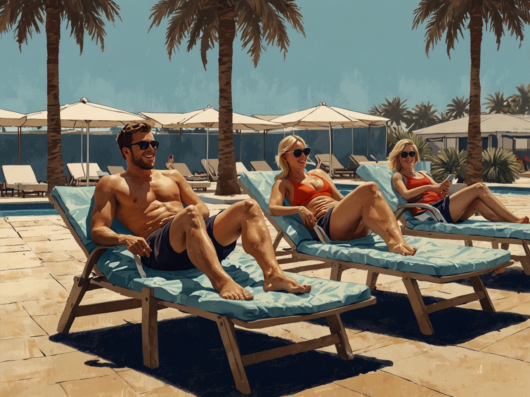 A group of British holidaymakers happily lounging on sunbeds by the pool, with some empty sun loungers in the background, highlighting their success in the 'towel race' each morning.