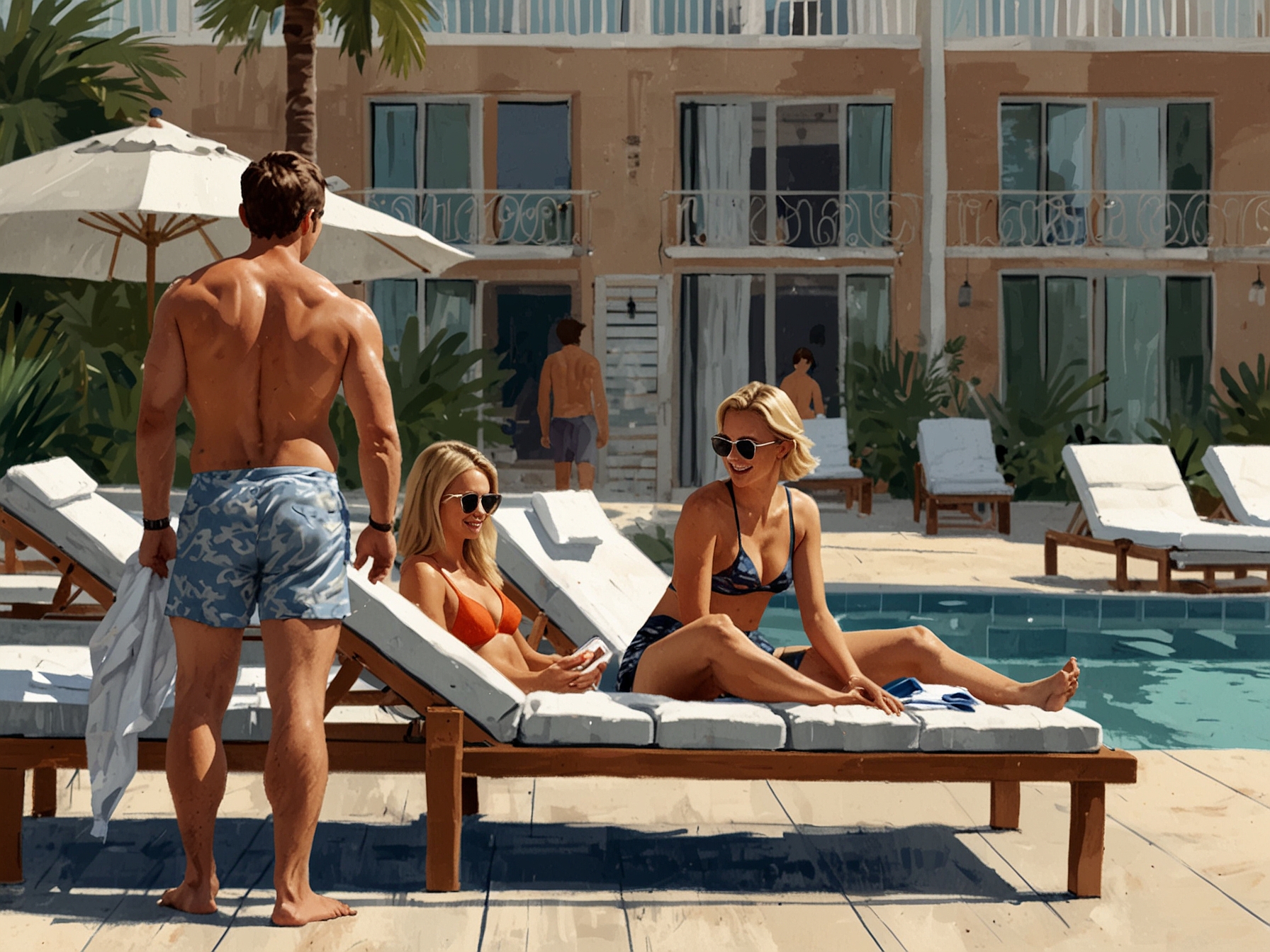Early morning scene at a resort poolside, showing British tourists placing towels on sun loungers to reserve their spots, capturing the dedication and strategy involved in securing prime holiday positions.