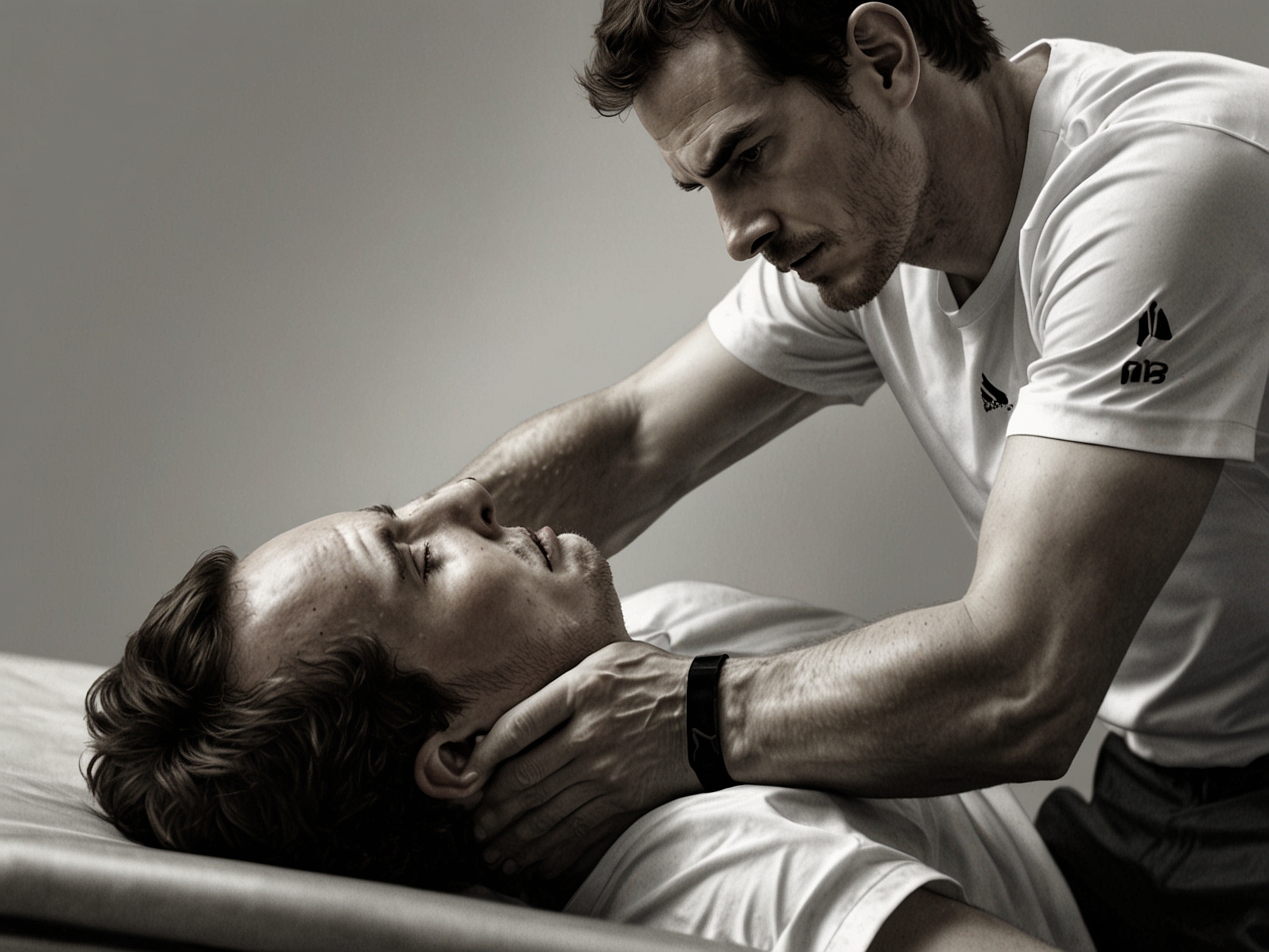 A close-up of Andy Murray in physiotherapy, highlighting the extensive measures and medical interventions taken to manage his recurring hip injury.