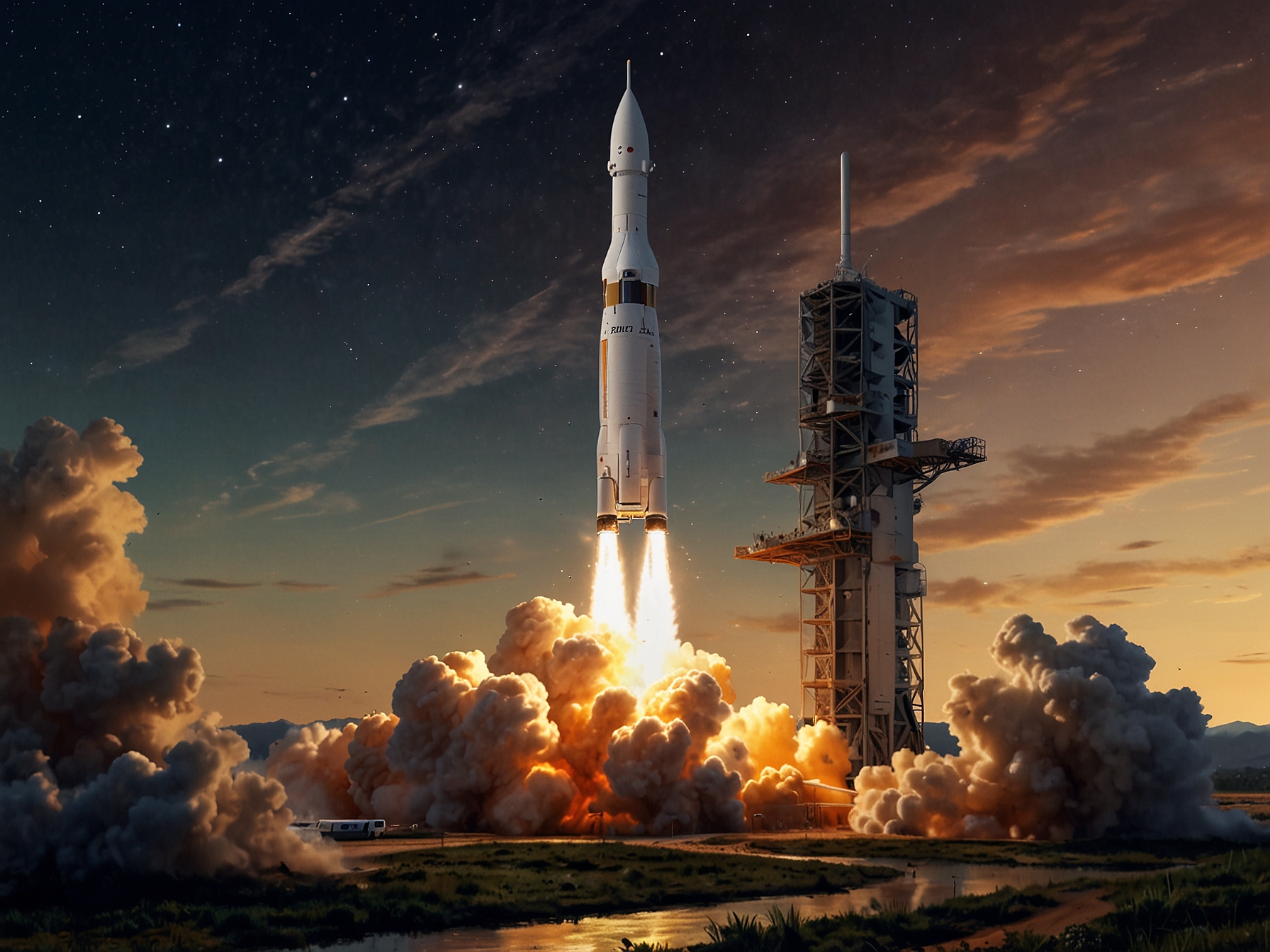 Illustration of Ariane 6 lifting off from the launch pad, highlighting its sleek design and powerful engines, symbolizing Europe's technological advancements in space technology.