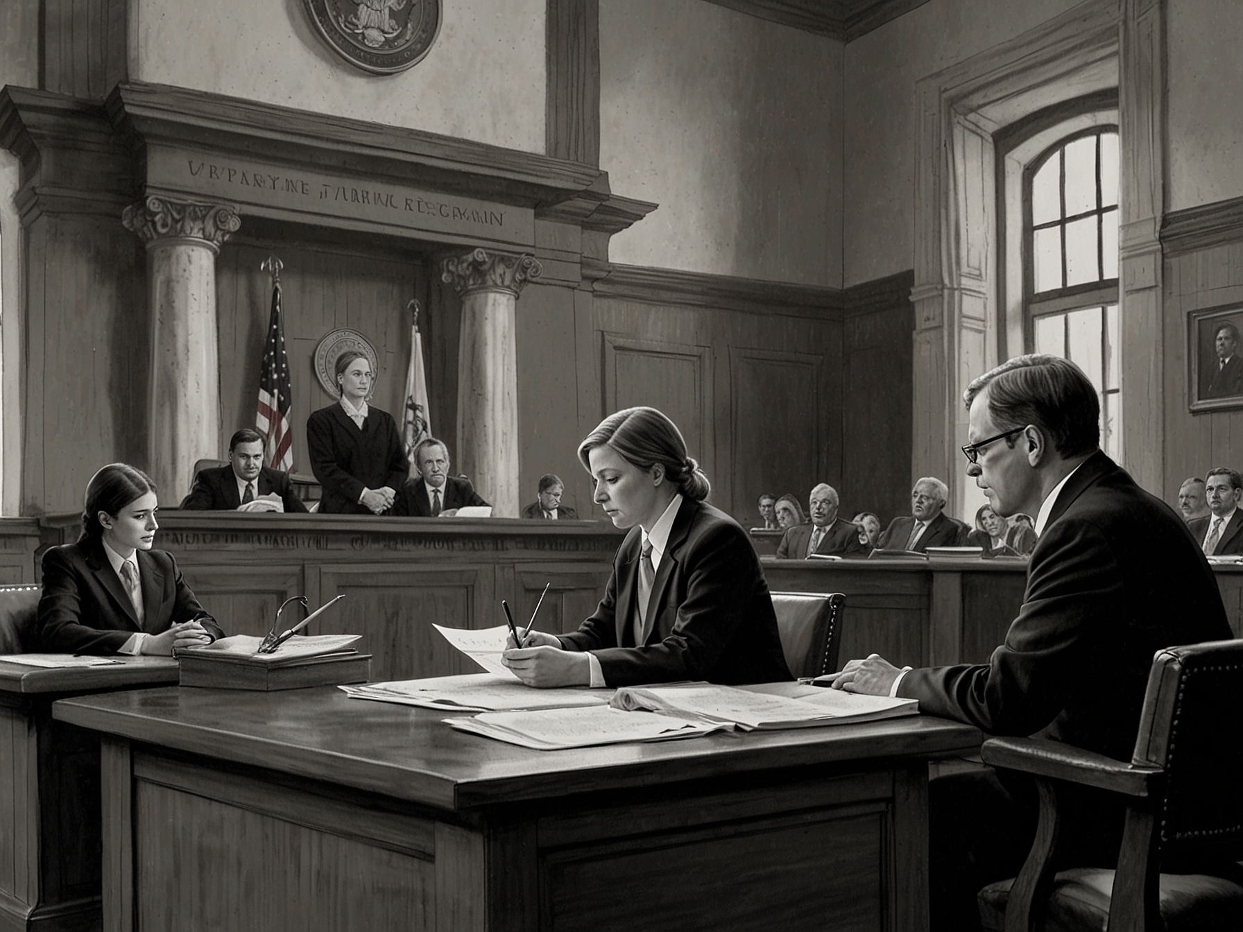 An image depicting a courtroom scene with a federal judge reviewing legal documents, illustrating the pivotal judicial review of potential changes to the Flores Settlement oversight of child migrants.