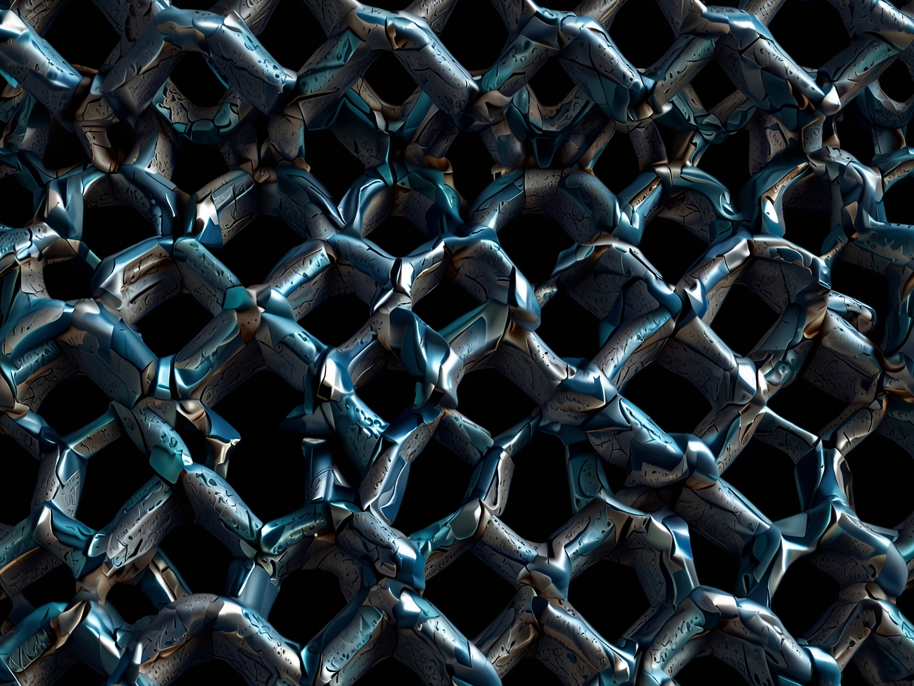 A detailed illustration of twisted trilayer graphene's hexagonal lattice structure, demonstrating the unique moiré pattern and enhanced electronic properties due to the slight angular twist.