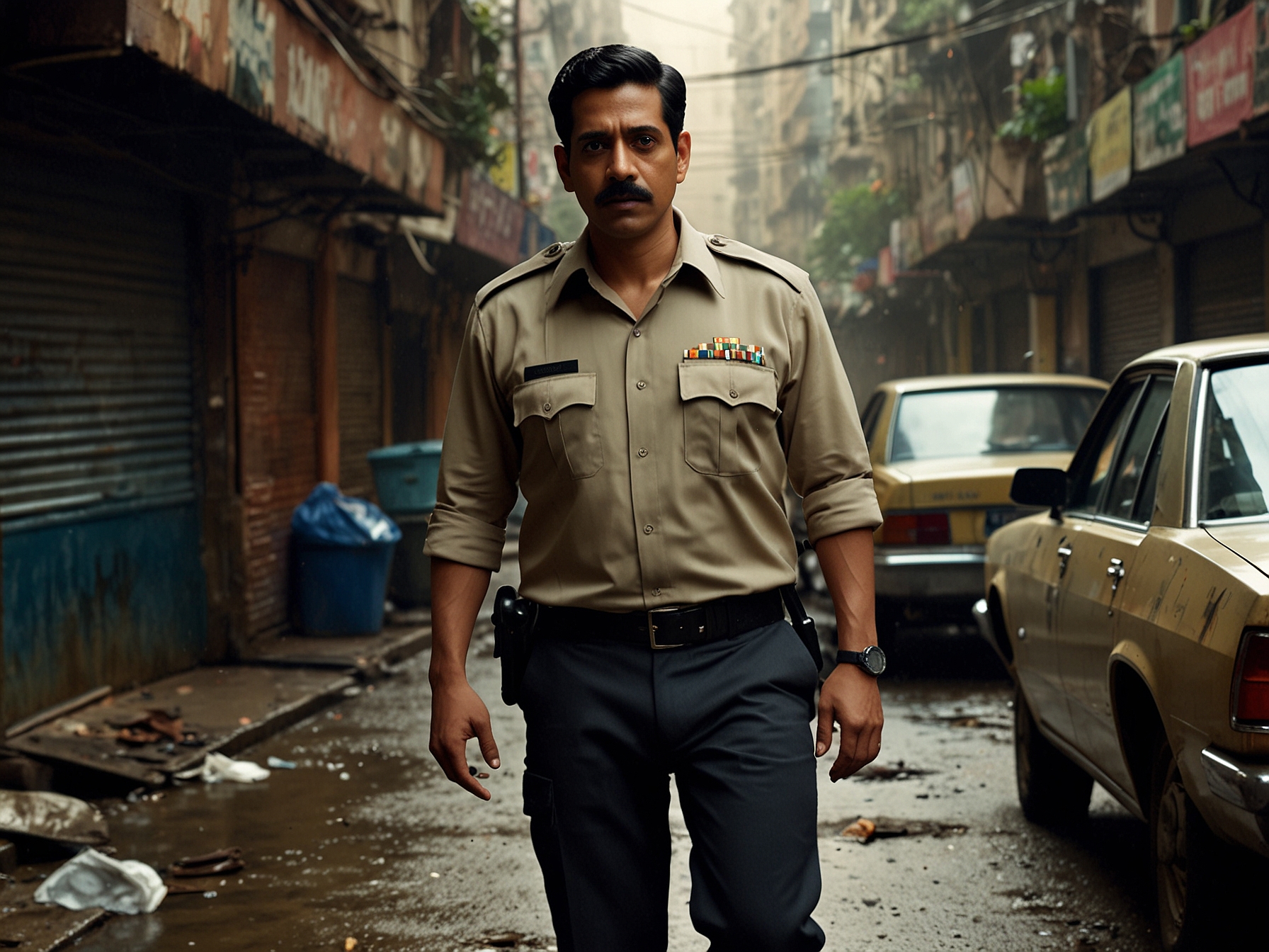 A tense moment as Inspector Vijay Rathore, played by Gulshan Devaiah, investigates a crime scene in the gritty streets of Mumbai, setting the stage for the thriller.