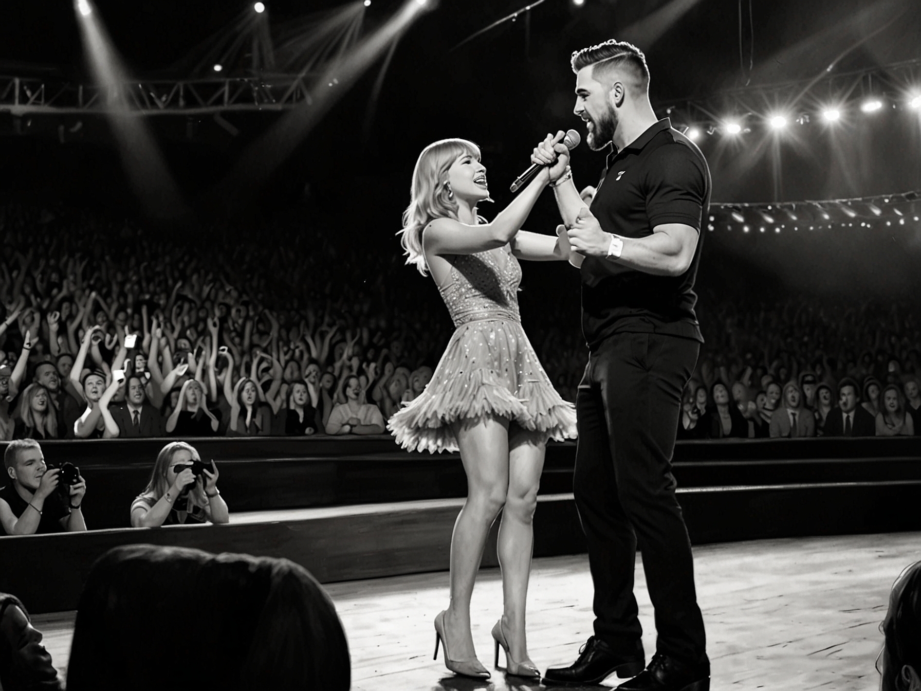Travis Kelce and Taylor Swift sharing the stage during the 'Era Tours' concert in London, with Kelce captivating the audience and blending seamlessly into the musical atmosphere.