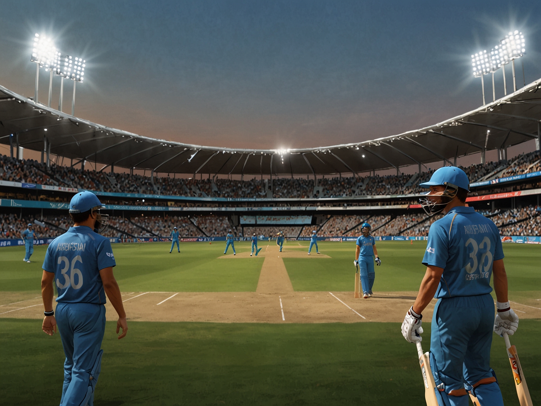 A cricket field with players from Afghanistan and Australia getting ready for a high-octane match at the ICC Men’s T20 World Cup 2024, emphasizing the excitement and anticipation.