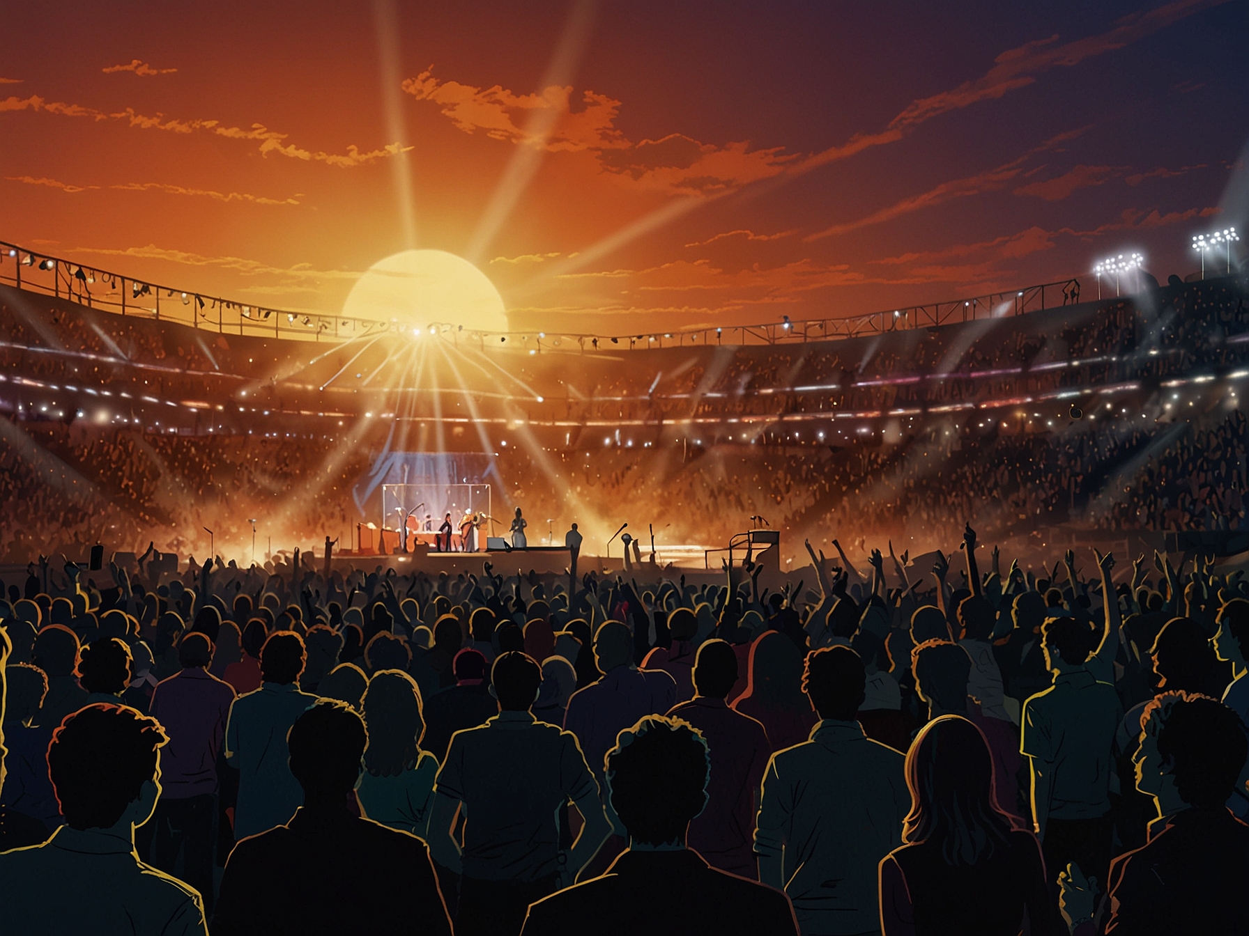 A crowded stadium at sunset, with bright lights illuminating the stage as The Rolling Stones perform, capturing the electrifying atmosphere of their iconic rock concert.