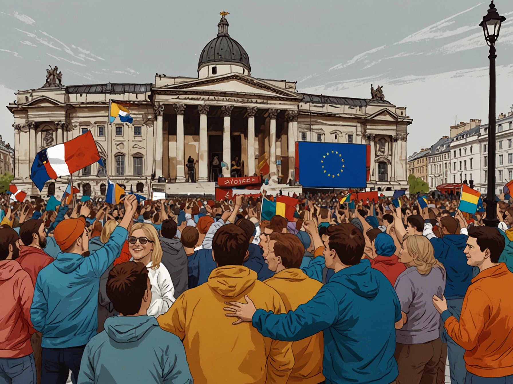 A vibrant crowd gathers at Trafalgar Square, with large screens showing a live Euros match. The atmosphere is electric, filled with fans displaying team colors and flags, experiencing the communal thrill of sports.