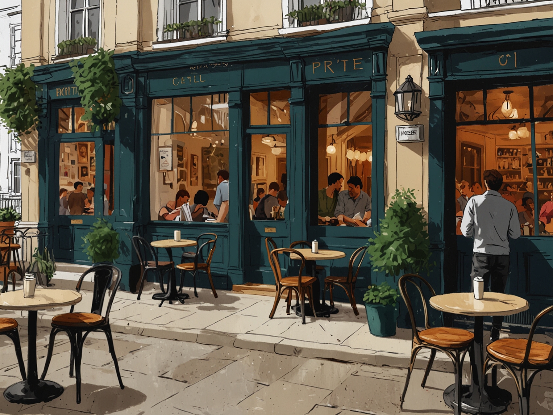 A cozy cafe named 'Hidden Gem' in Notting Hill. The scene shows a warm interior with patrons enjoying artisanal coffee and pastries, providing a serene oasis amidst the bustling city.