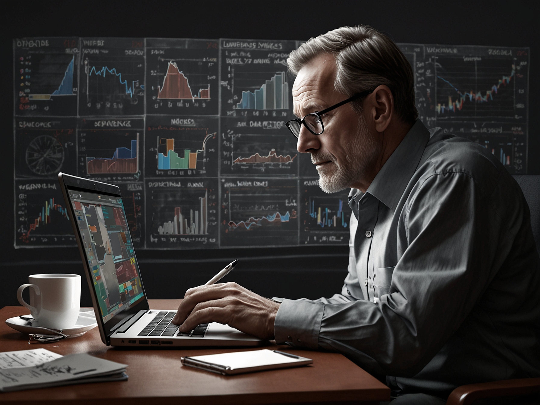 An investor analyzing financial reports and business models on a laptop to identify potential red flags and ensure transparent financial reporting, as advised by Lawrence A. Cunningham.