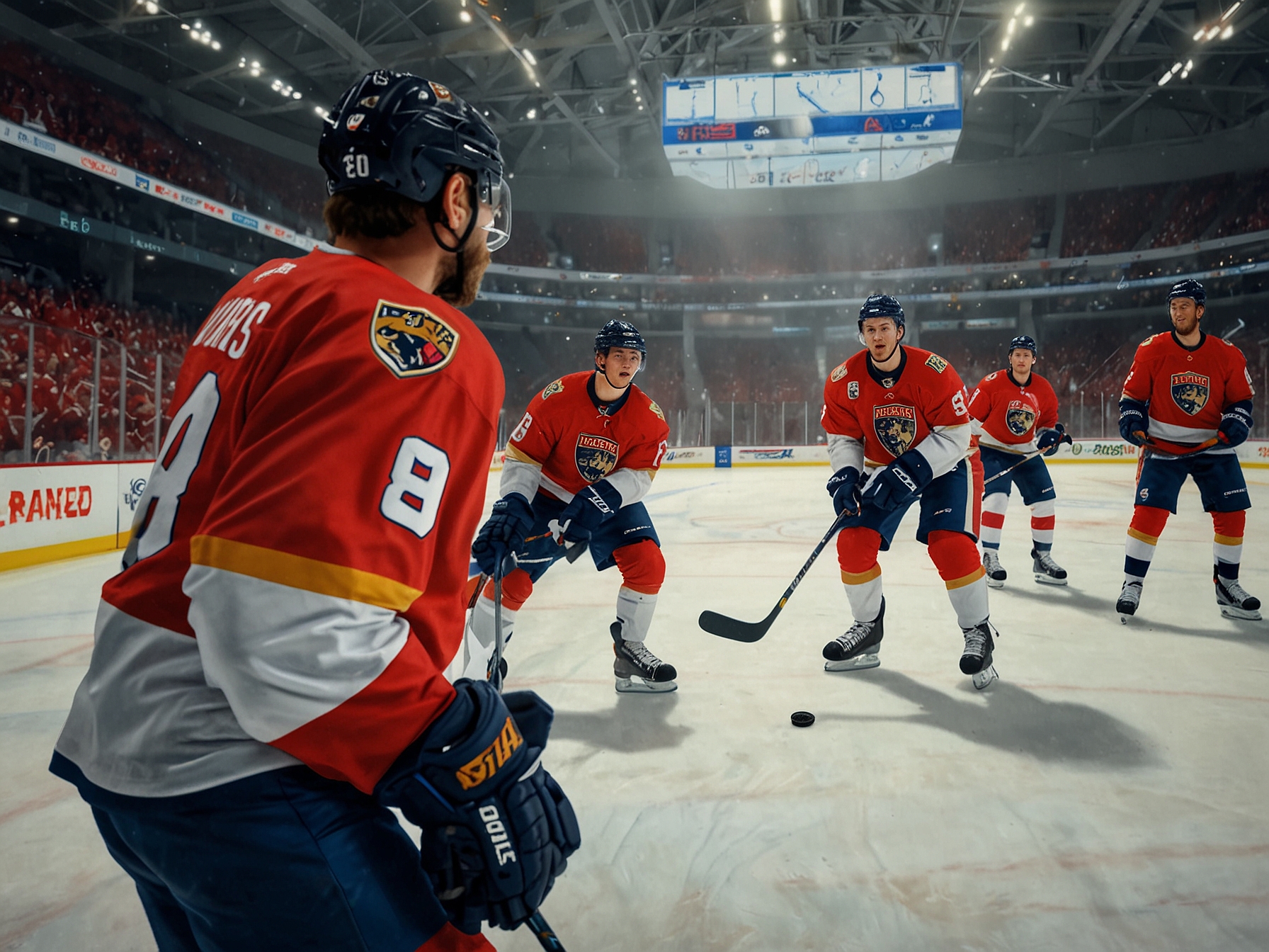 An image showing Florida Panthers players engaged in an intense practice session, focusing on strategic drills as they prepare for the crucial Game 7 in the Stanley Cup playoffs.