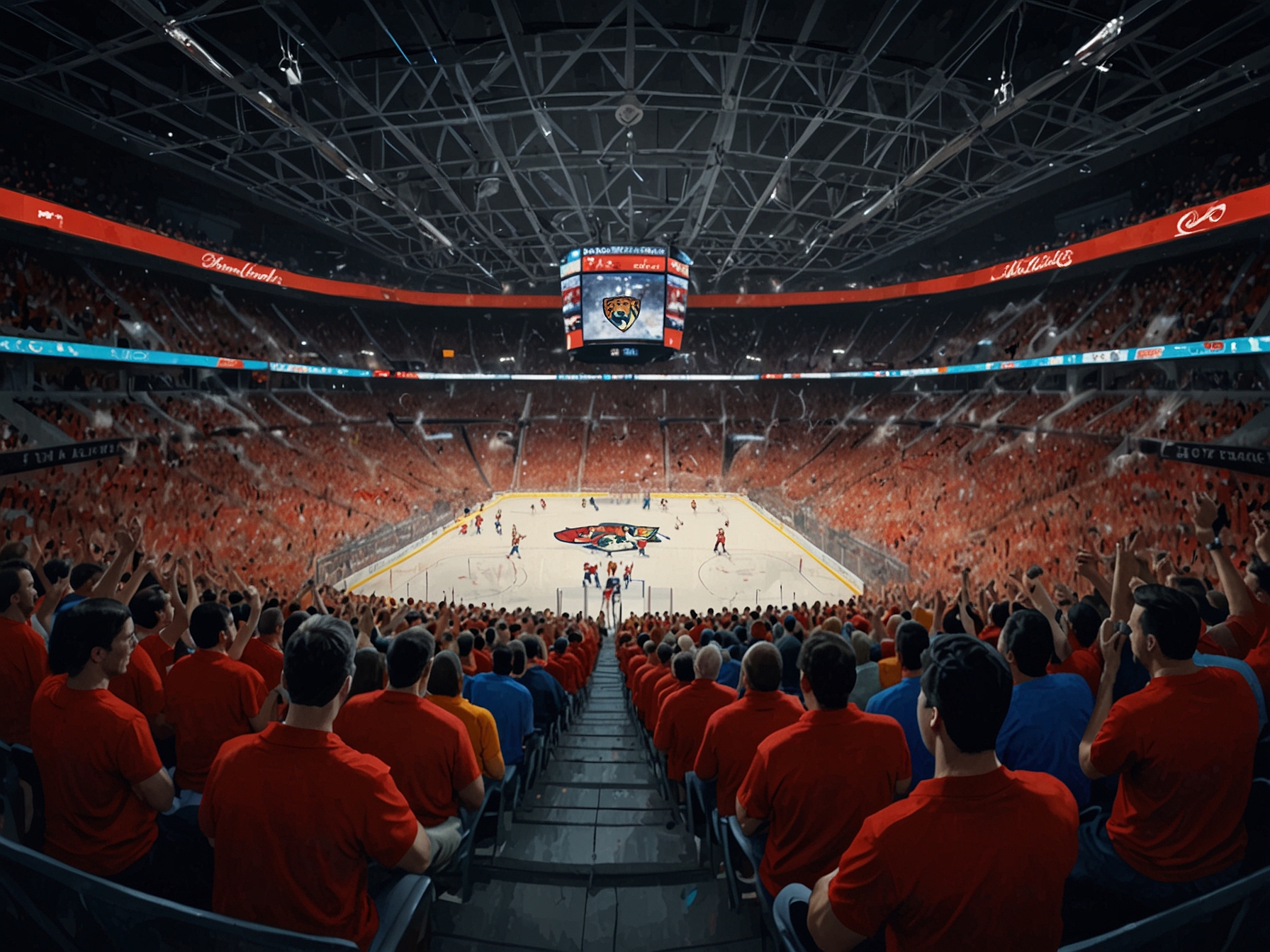 A vibrant arena packed with enthusiastic Florida Panthers fans, creating an electrifying atmosphere as they cheer on their team, hoping for a victorious outcome in Game 7.