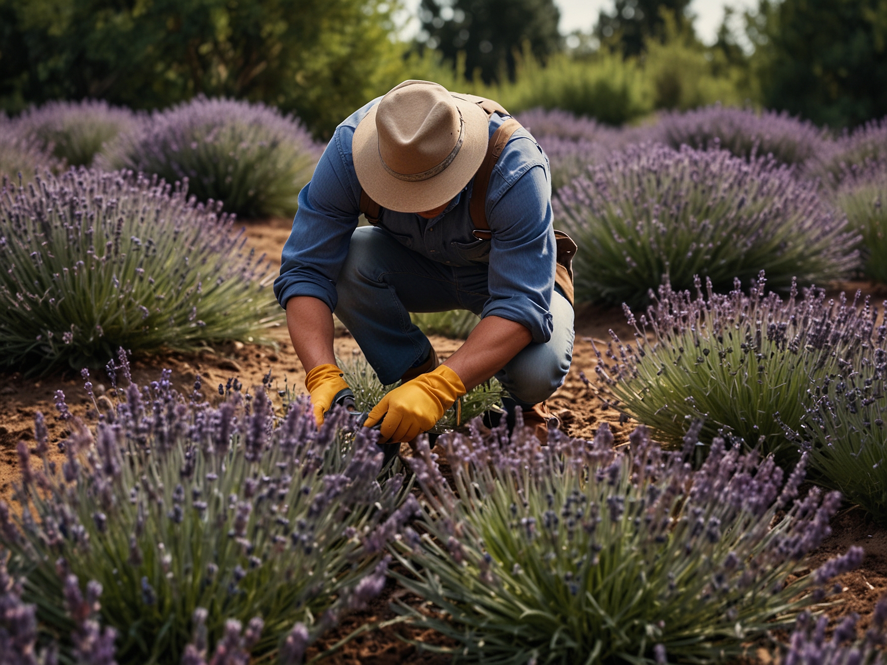 A gardener using sharp shears to prune lavender, focusing on removing spent flower stalks down to the foliage. The trimmed lavender plant looks tidy and well-shaped.