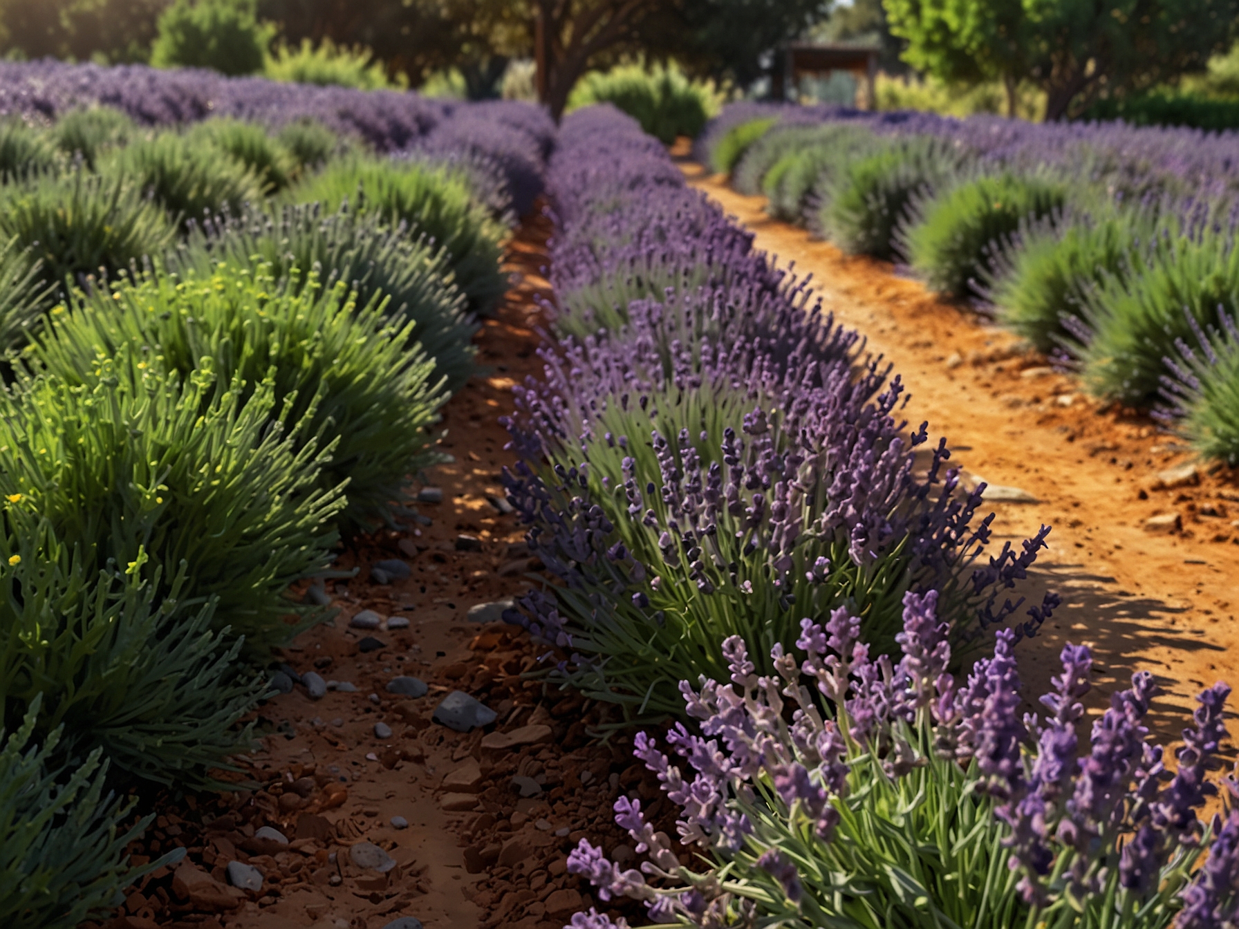 A close-up of healthy, blooming lavender plants basking in full sunlight, illustrating the benefits of proper pruning and care. The plants are vibrant with lush, green foliage and rich purple flowers.