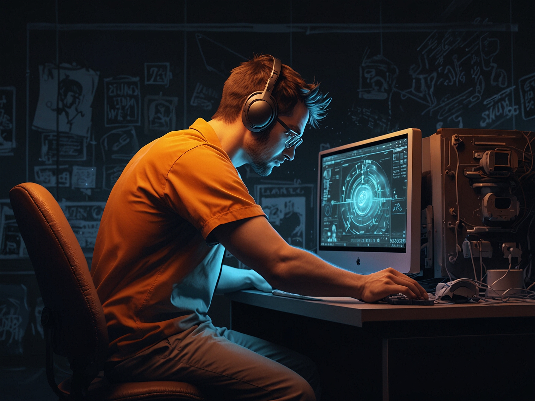 Artwork of the Seamless Co-op mod creator working diligently on a computer, reflecting the community's support and anticipation for the upcoming fix to restore the multiplayer experience.