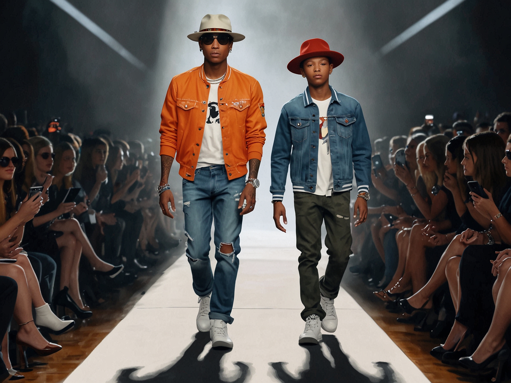 Pharrell Williams and his 13-year-old son Rocket make a grand entrance at an exclusive fashion show, with both showcasing their unique and stylish outfits, captivating attendees and cameras alike.