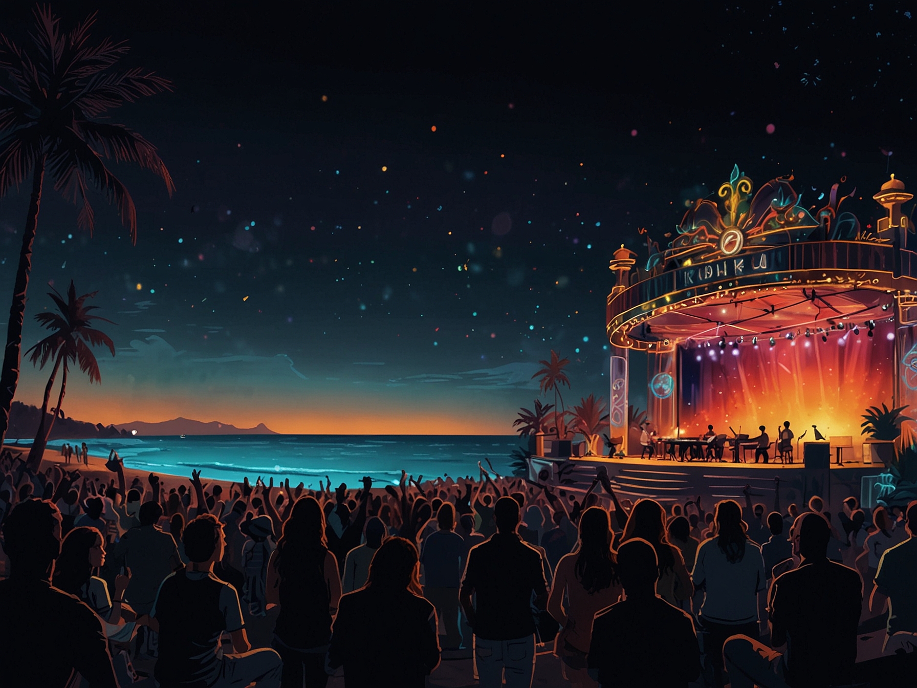 A vibrant evening concert at Paradise Park Stage, with a band performing live under twinkling lights and music lovers gathered, creating an electric atmosphere by the beach.