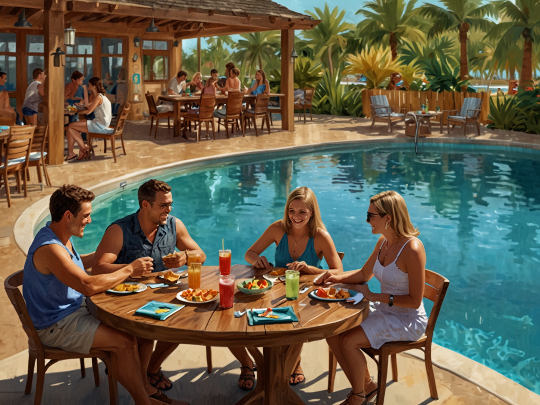Families enjoying Camp Margaritaville amenities: kids engaged in crafts, couples lounging by the resort-style pool, and guests dining at the on-site bar & grill.