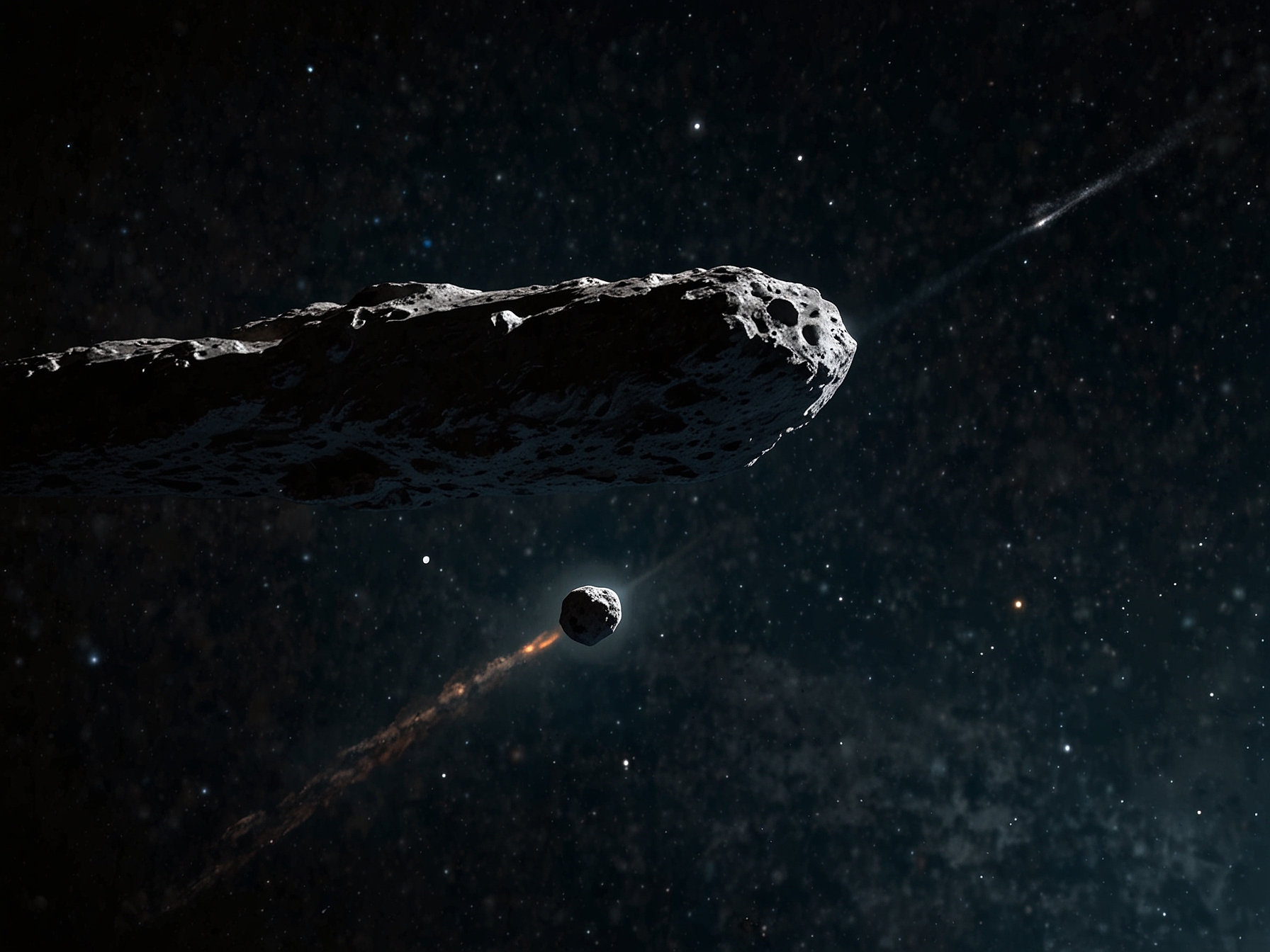 A detailed illustration of asteroid 2024 KN1 traveling through space, highlighting its size compared to a small airplane, with Earth and the Moon in the background for scale reference.