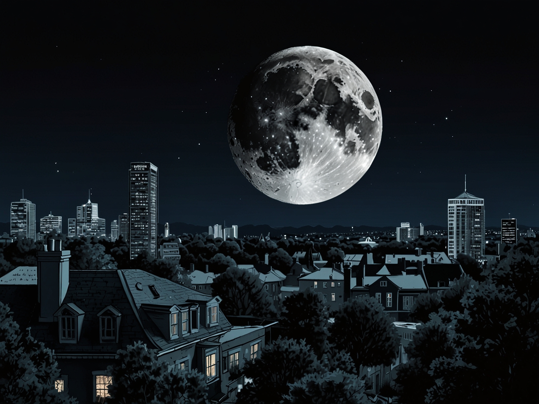 An image capturing the strawberry full moon in all its glory, appearing larger than usual due to the moon illusion, with a picturesque horizon of trees and buildings.