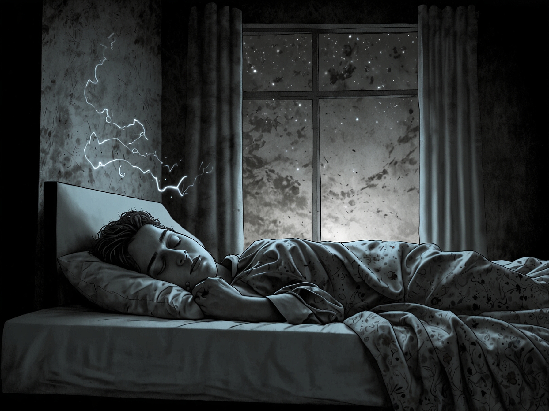 An image illustrating a person lying awake in bed, staring at the ceiling in frustration, capturing the essence of the author's struggle with insomnia before undergoing CBT-i.