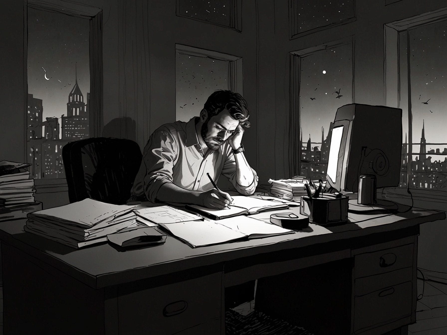 A depiction of the author keeping a sleep diary at a desk, reflecting the meticulous tracking of sleep patterns and the progress made through the CBT-i treatment.