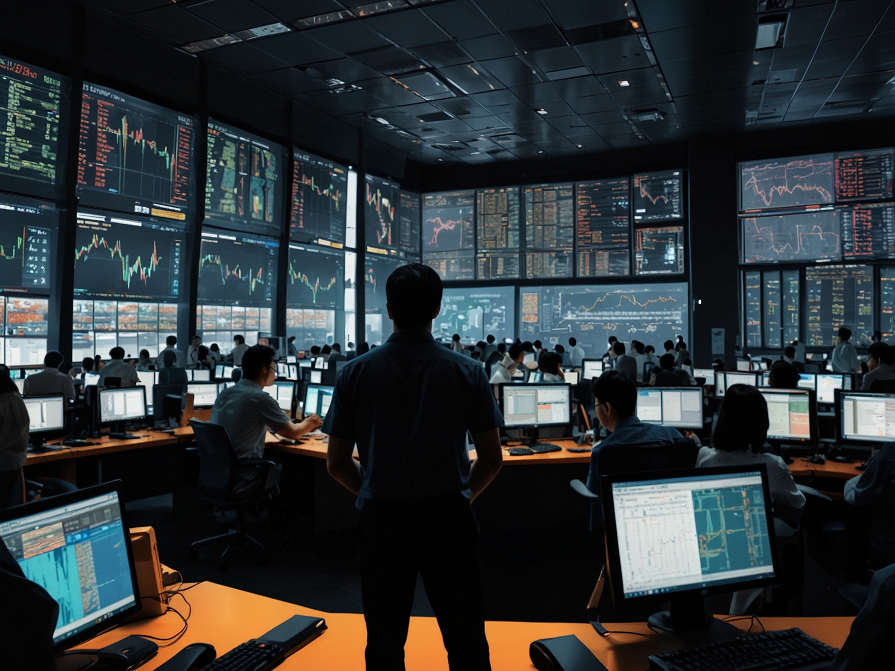 A bustling trading floor at HKEX, filled with screens showing various stock data. This image illustrates the exchange's vibrant trading activities and its response to market volatility and economic indicators.