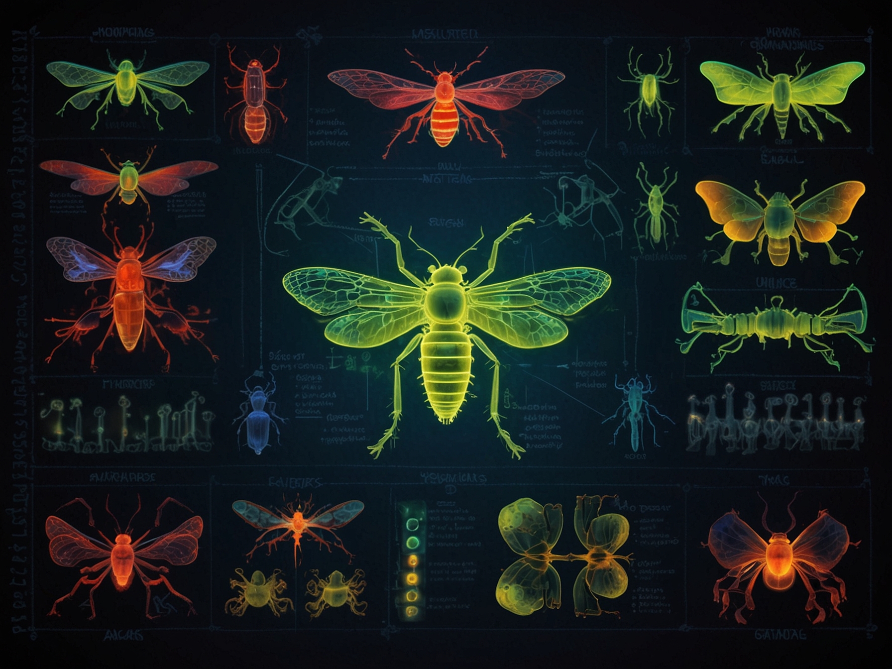 An infographic displaying various insect orders infected with Symbiodolus clandestinus, visualized using fluorescent probes to highlight bacterial presence in insect cells.