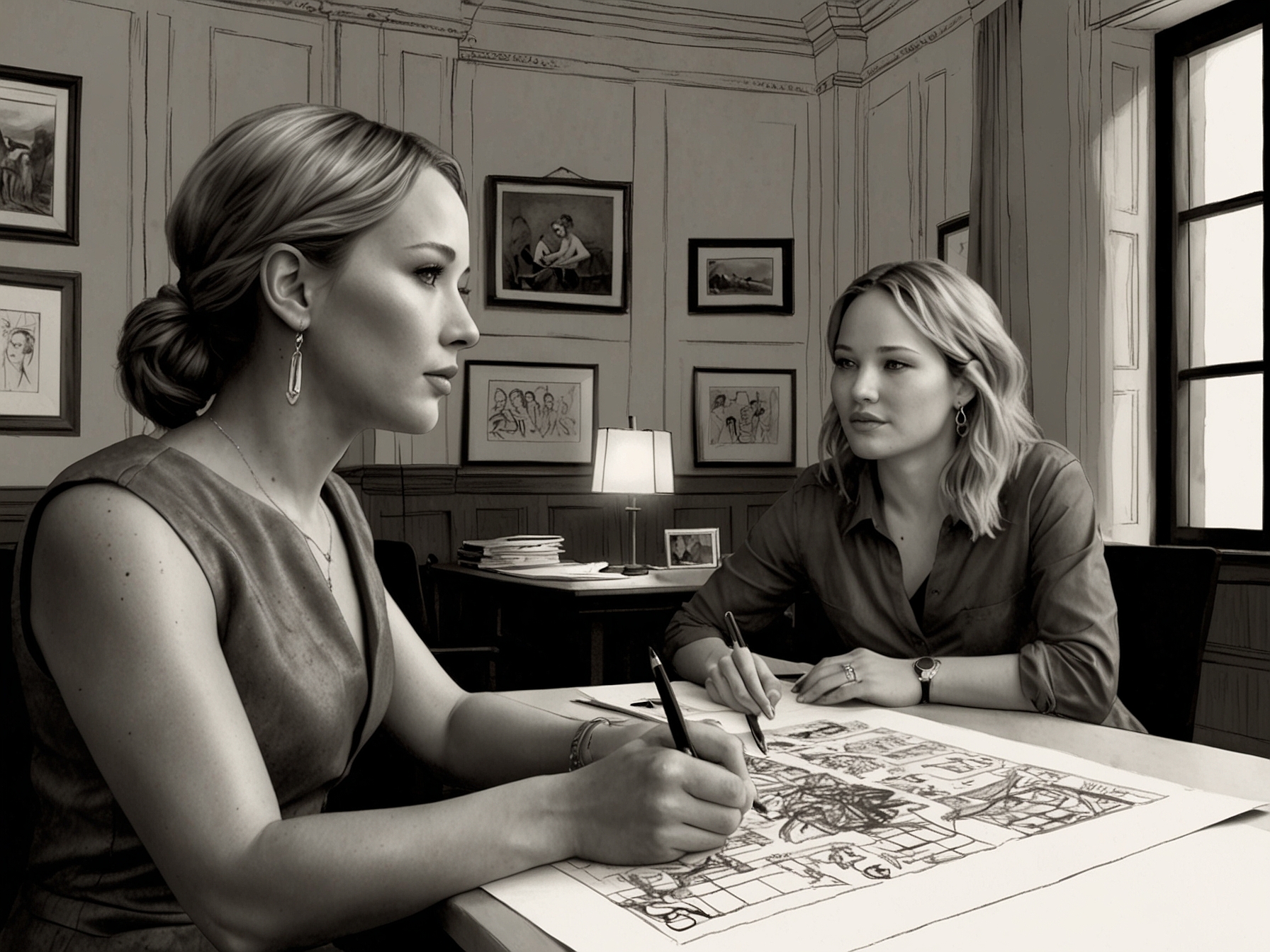 Jennifer Lawrence alongside Justine Ciarrocchi, her partner at Excellent Cadaver, collaborating in a production meeting for 'The Wives,' showcasing their strategic planning and commitment.