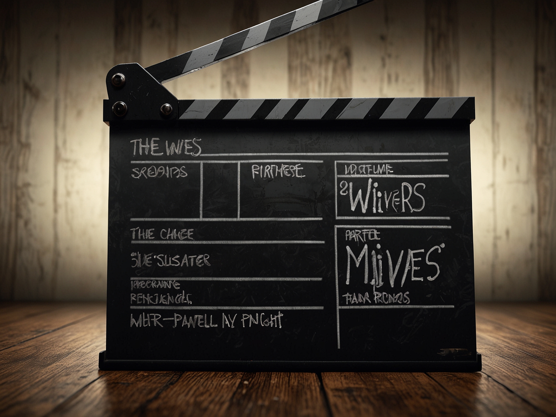 A movie clapperboard with 'The Wives' written on it, set against the backdrop of a stylish film set, highlighting the high stakes and suspenseful nature of the murder mystery genre.