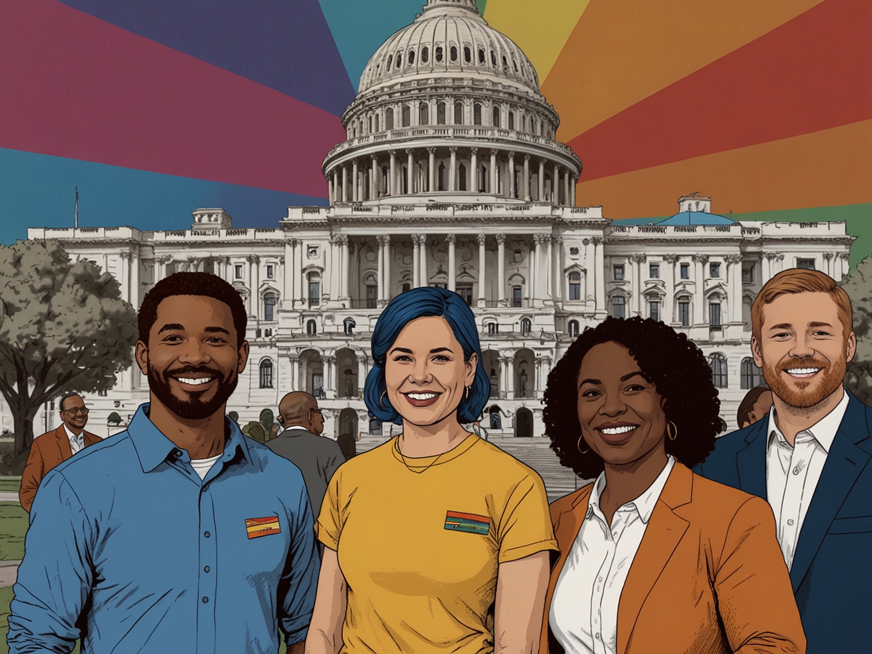 A diverse group of smiling LGBTQ candidates standing in front of a Capitol Building backdrop, symbolizing their successful election to Congress with the support of Equality PAC.
