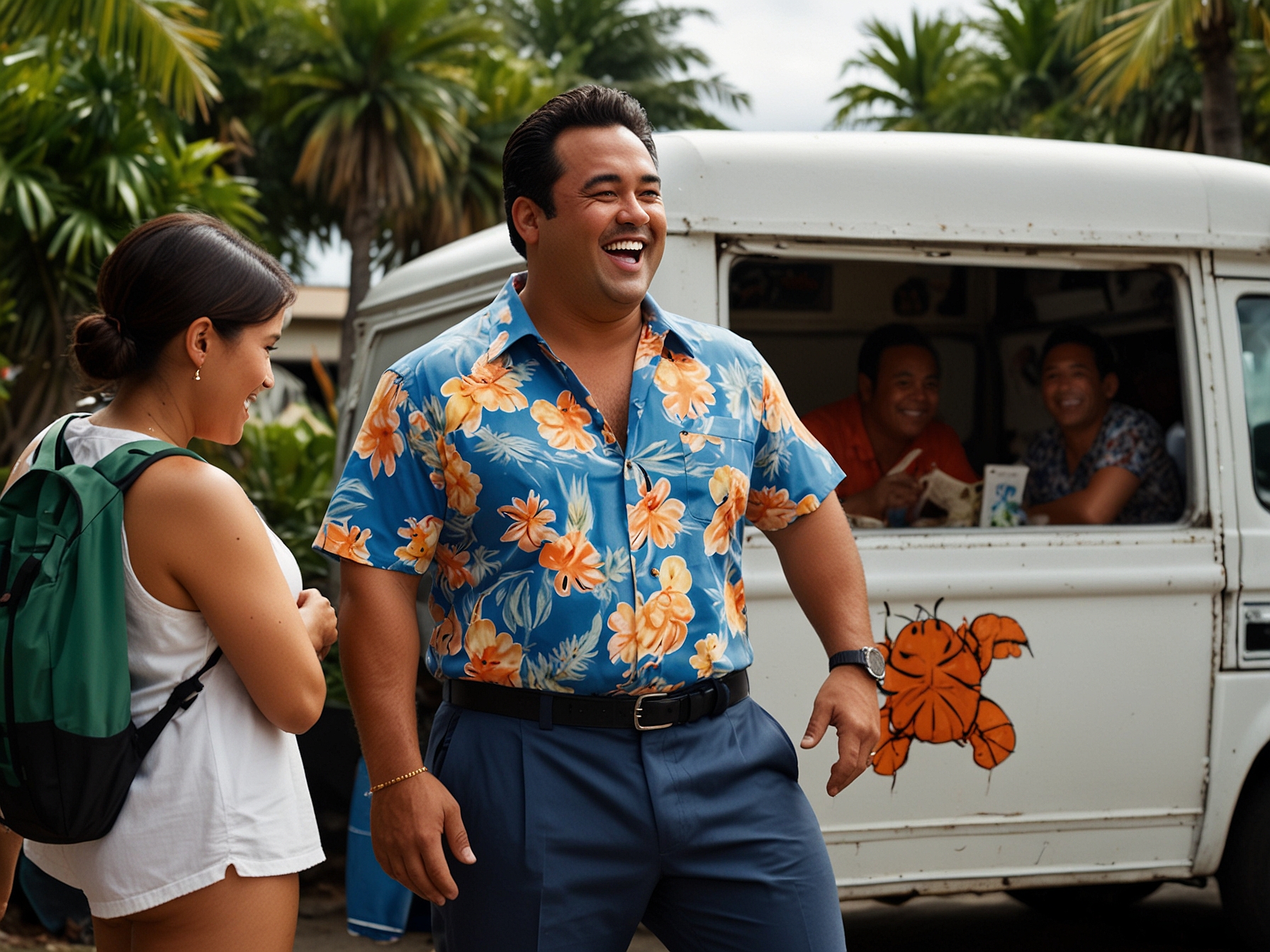 Taylor Wily, in his iconic Kamekona Tupuola character, stands next to his signature shrimp truck, sharing a laugh with co-stars in a light-hearted 'Hawaii Five-0' scene, symbolizing his charisma and charm.