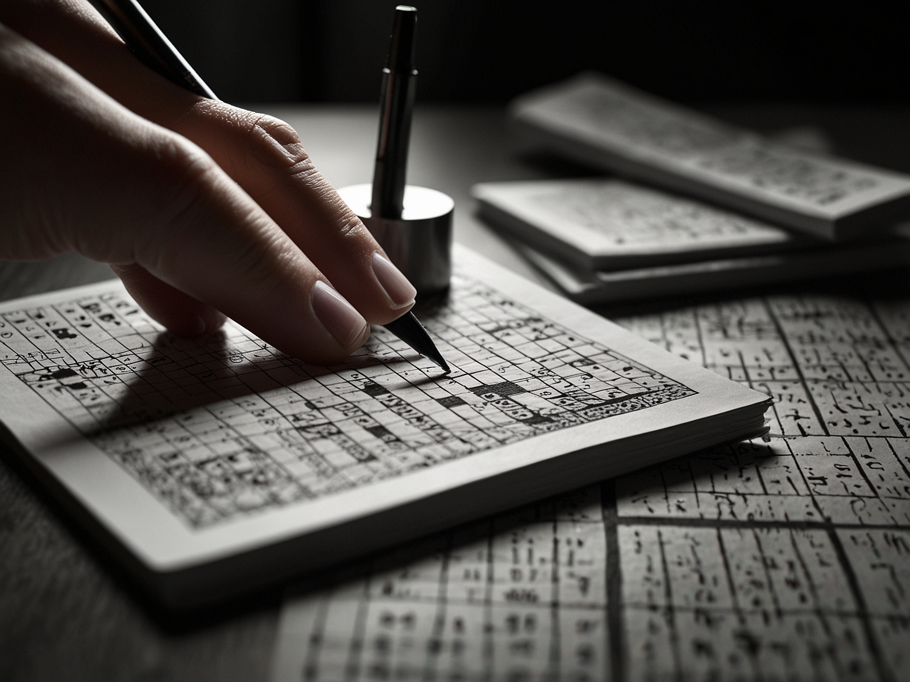 A person solving the NYT Mini Crossword puzzle on a Sunday morning, with a pen and notebook beside, illustrating focused engagement with the challenging clues and grid.