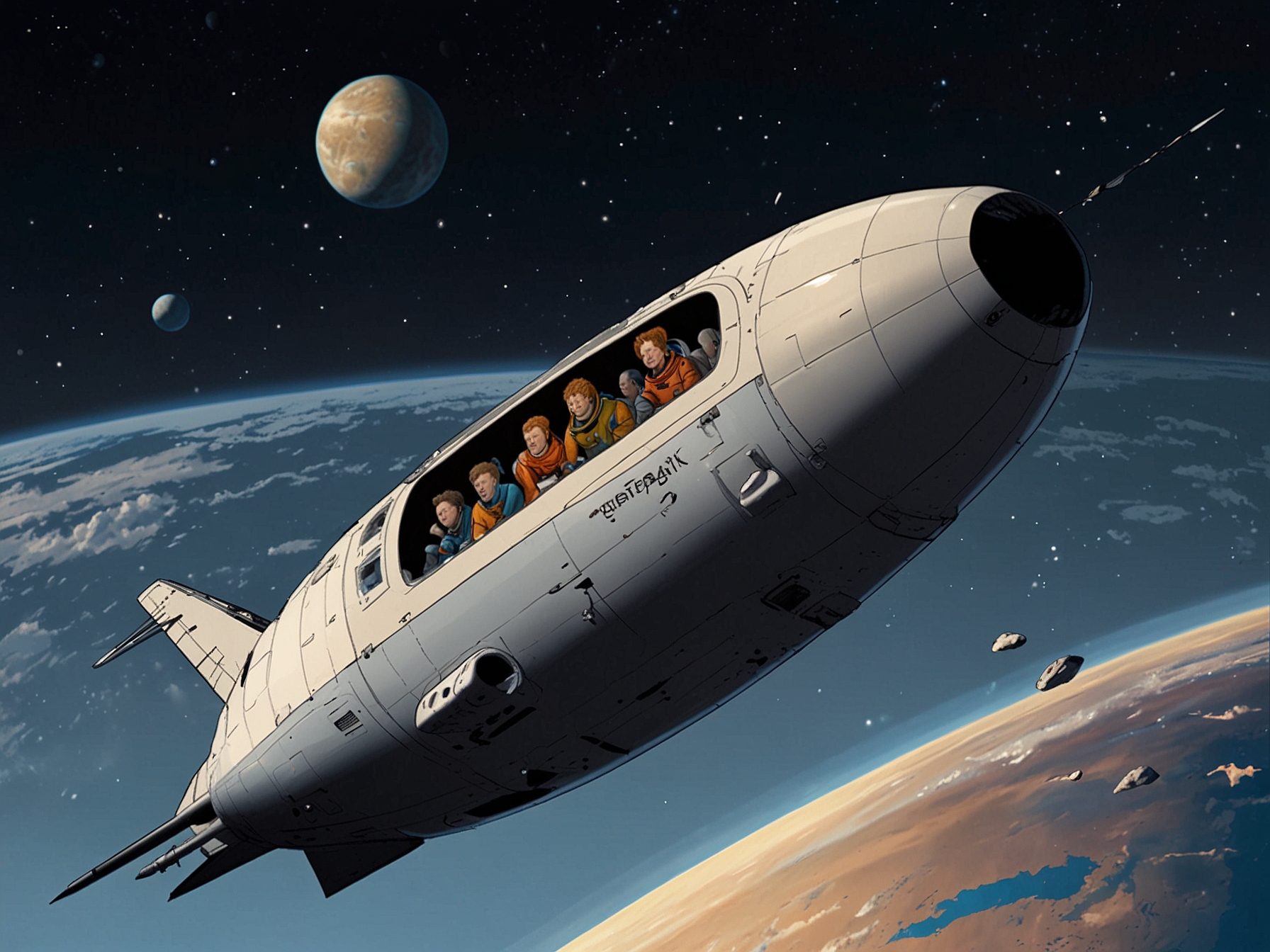 A conceptual image of passengers experiencing weightlessness aboard EOS-X SPACE's suborbital flight, with the curvature of the Earth visible through the spacecraft's windows.
