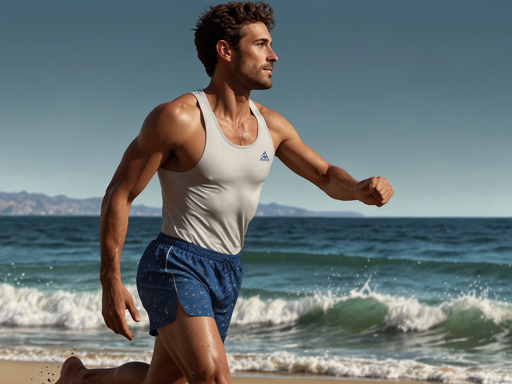A dynamic runner-surfer showcasing the Run Cannonball Run Shorts, designed for both running and swimming with quick-drying, stretchable Italian fabric inspired by Olympic swimsuits.