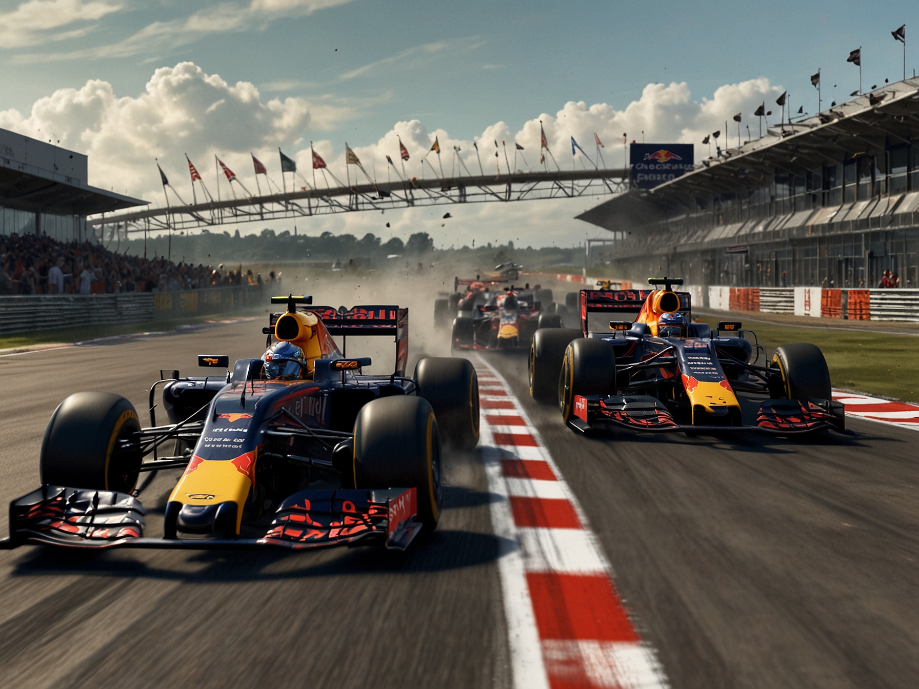 A dynamic shot of the Silverstone Circuit showcasing its iconic fast corners, with Red Bull Racing cars in action, symbolizing their competitive spirit and the tension leading up to the British Grand Prix.