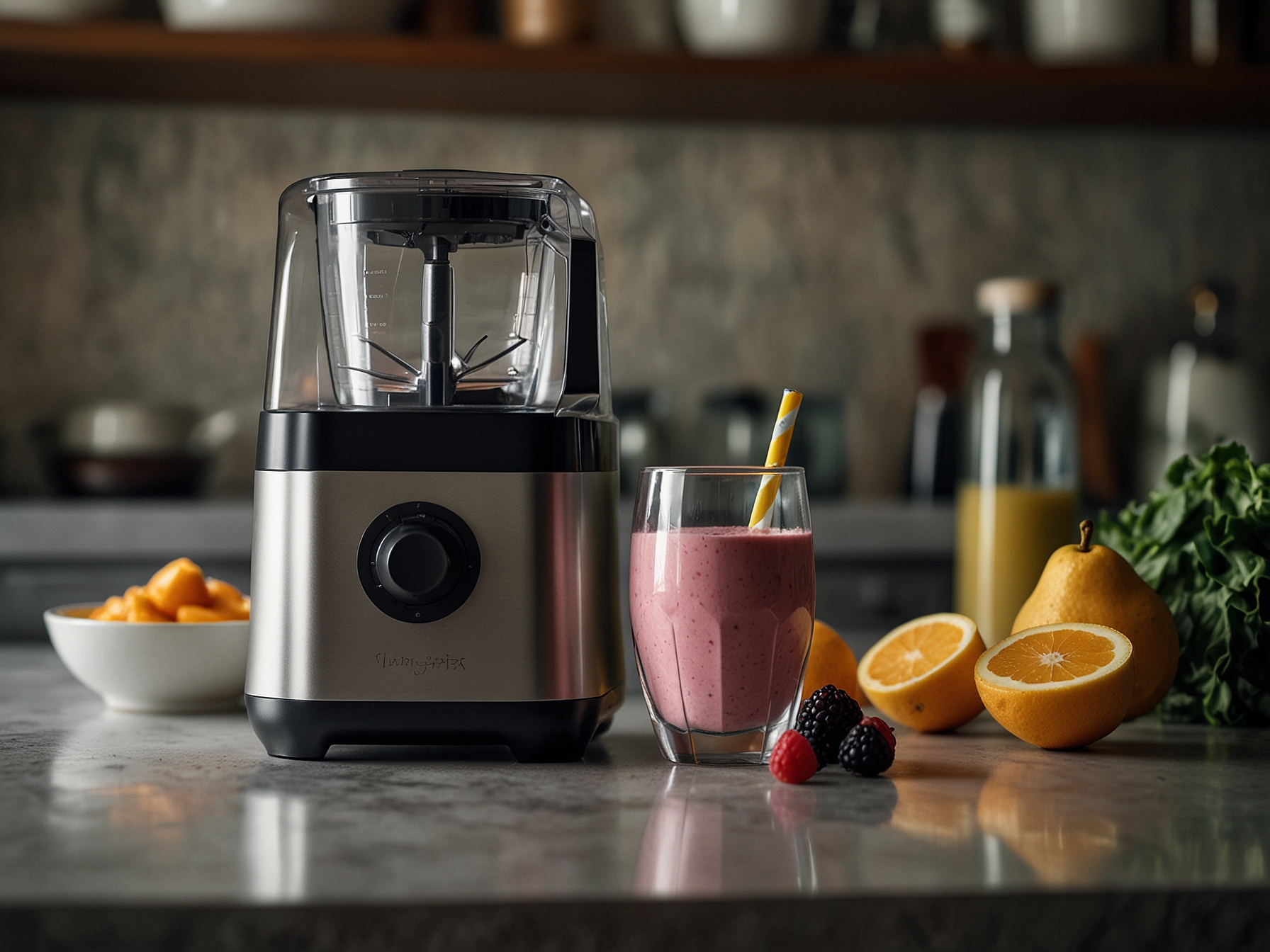 A close-up shot of a sleek, high-powered blender on Ella Hooper's kitchen counter, representing her commitment to wellness and the modern convenience in her culinary adventures.