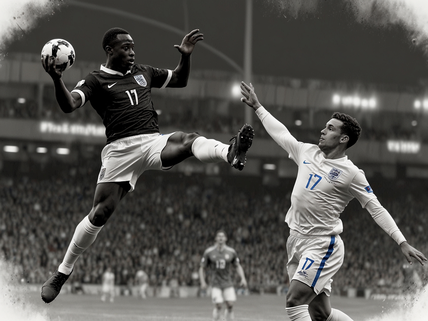 Marc Guehi, England's young center-back, clears the ball in an aerial duel, exemplifying his composure and tactical awareness in defense against the international opponent.