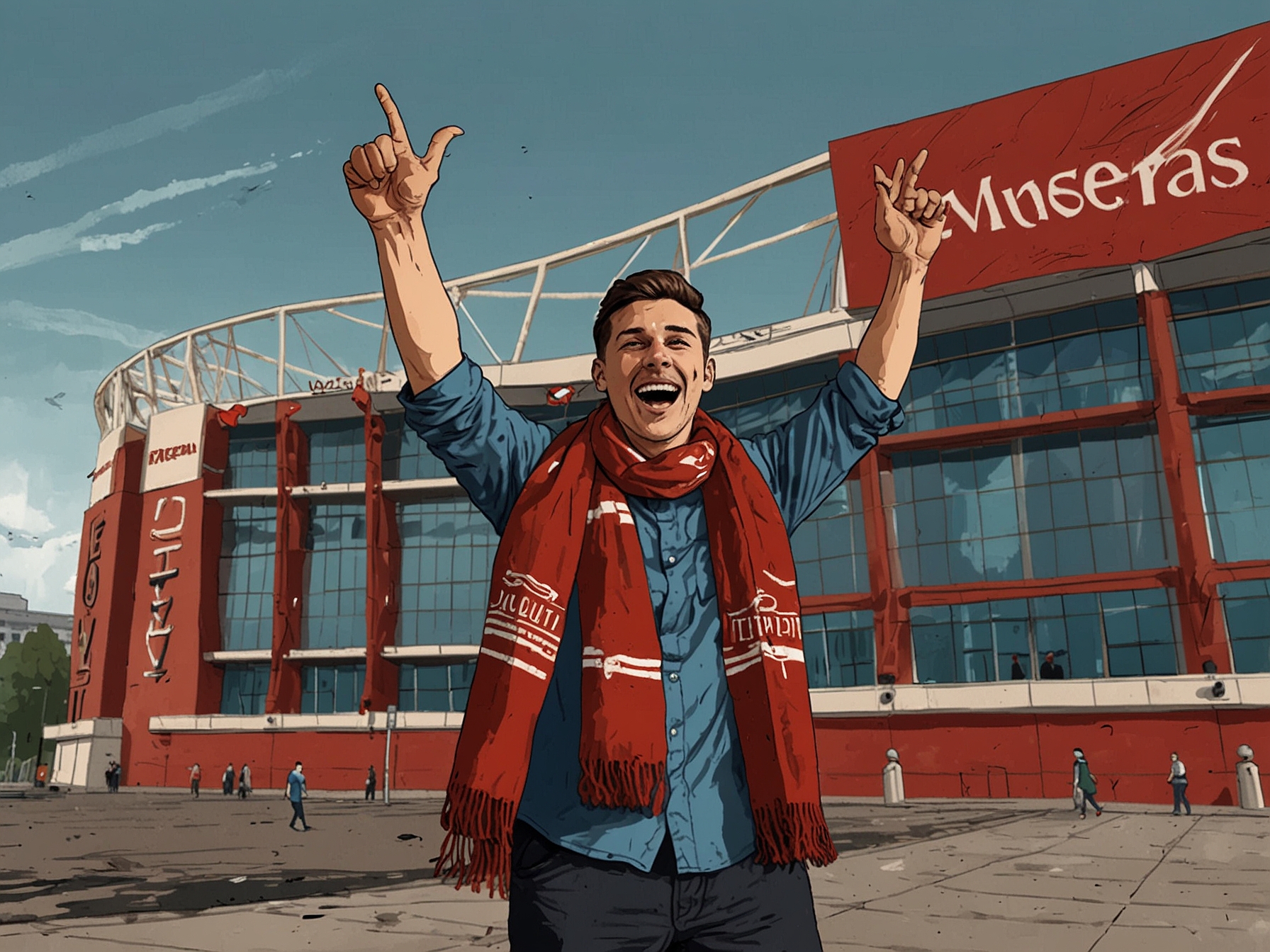 An ecstatic Arsenal fan holding a scarf and celebrating in front of the Emirates Stadium, symbolizing Viktor Gyokeres' anticipated arrival and the boost to Arsenal's attack.