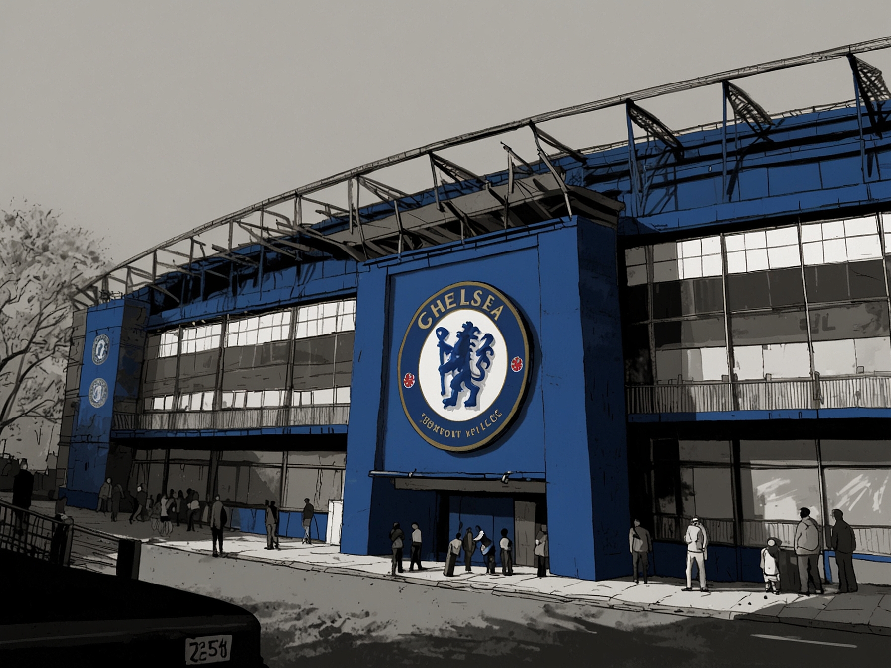 Outside Stamford Bridge with Chelsea’s emblem visible, fans eagerly await news about Jonathan David as transfer negotiations progress, representing the club's effort to strengthen their squad.