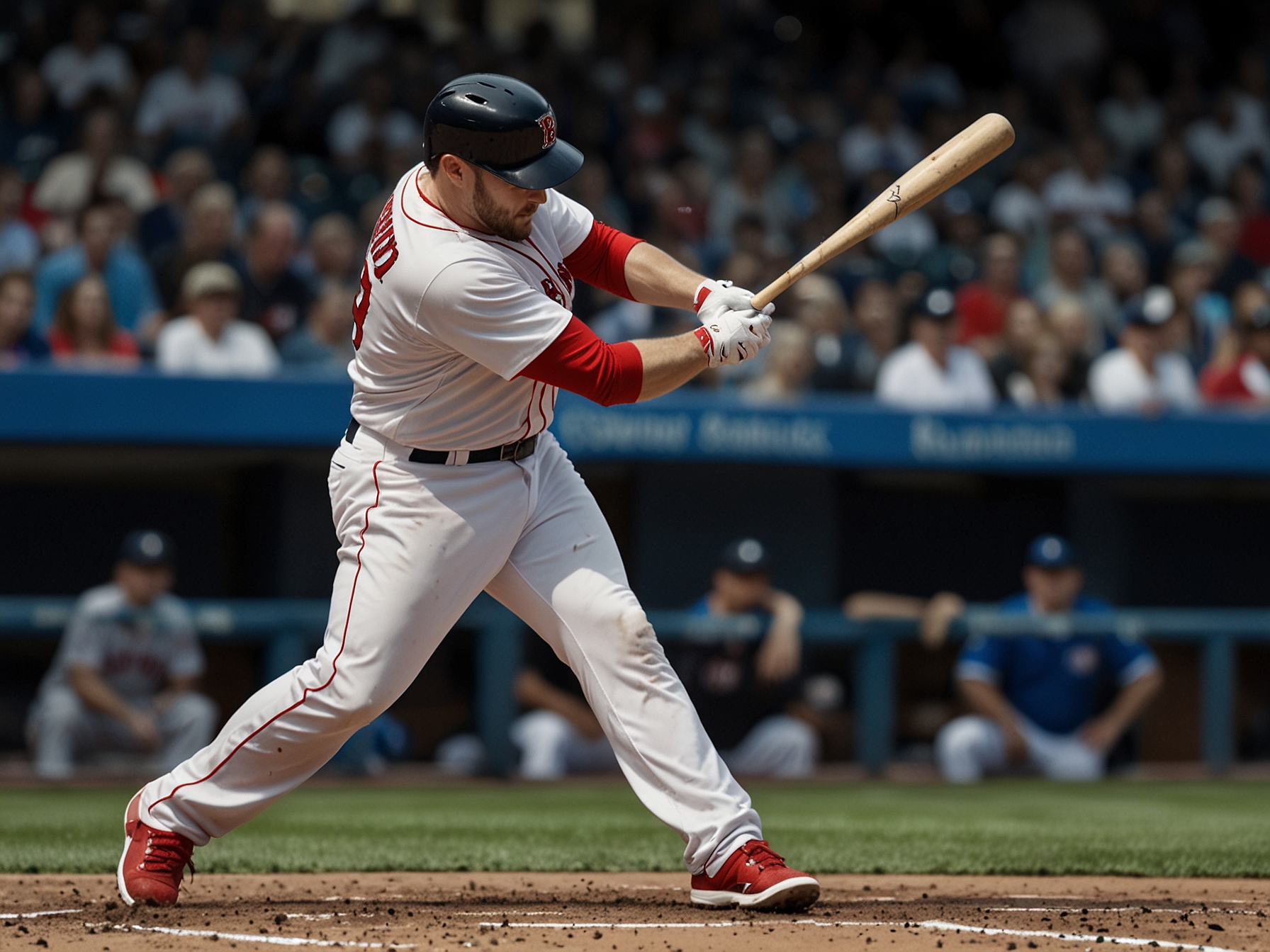 Tyler O'Neill of the Boston Red Sox hitting one of his two solo home runs against the Toronto Blue Jays at Rogers Centre, showcasing his powerful batting skills.