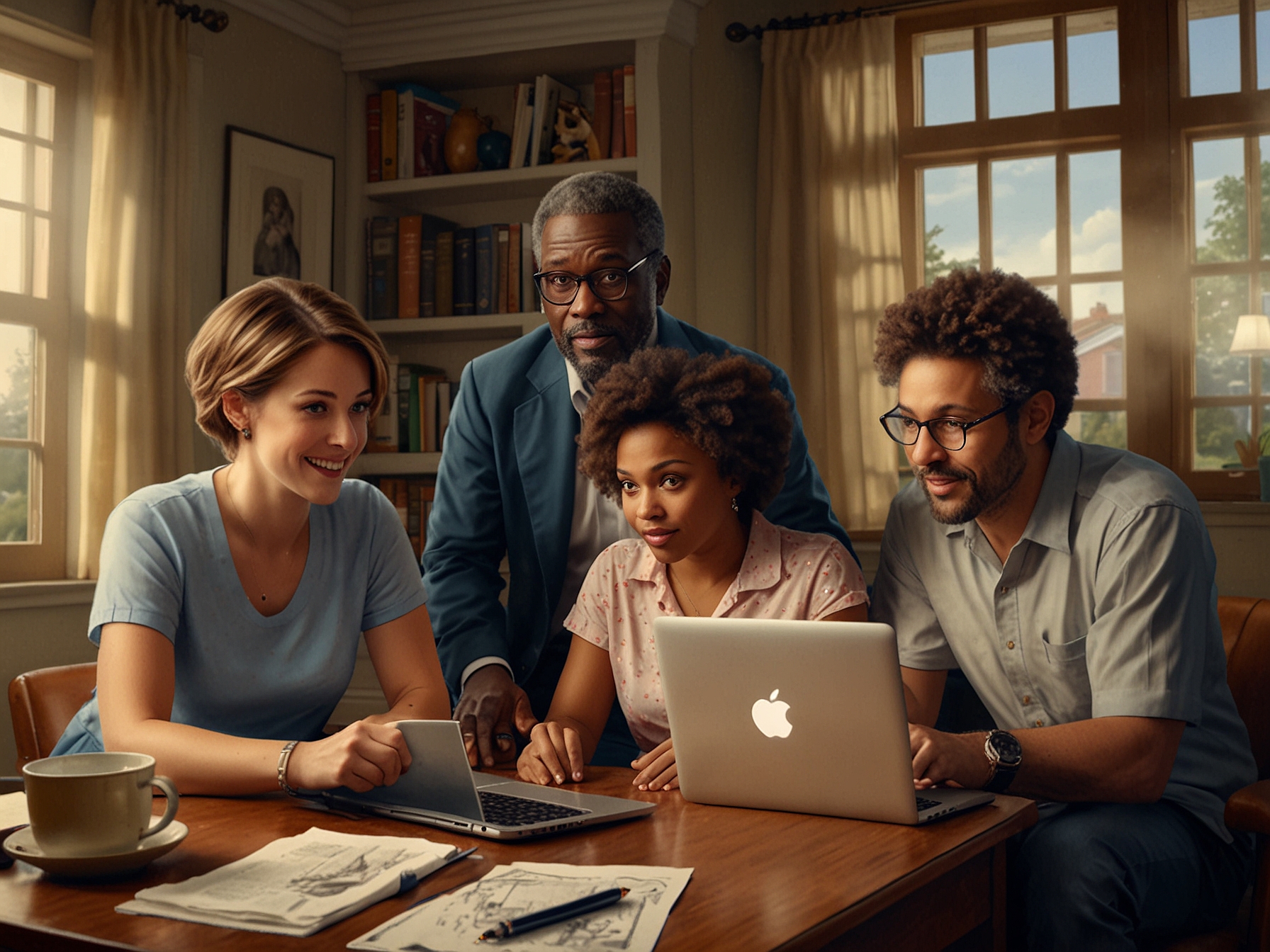 A family gathered around a laptop, watching Mayor of Kingstown Season 3 on Paramount+ using a free trial. The image highlights the convenience of streaming at home.