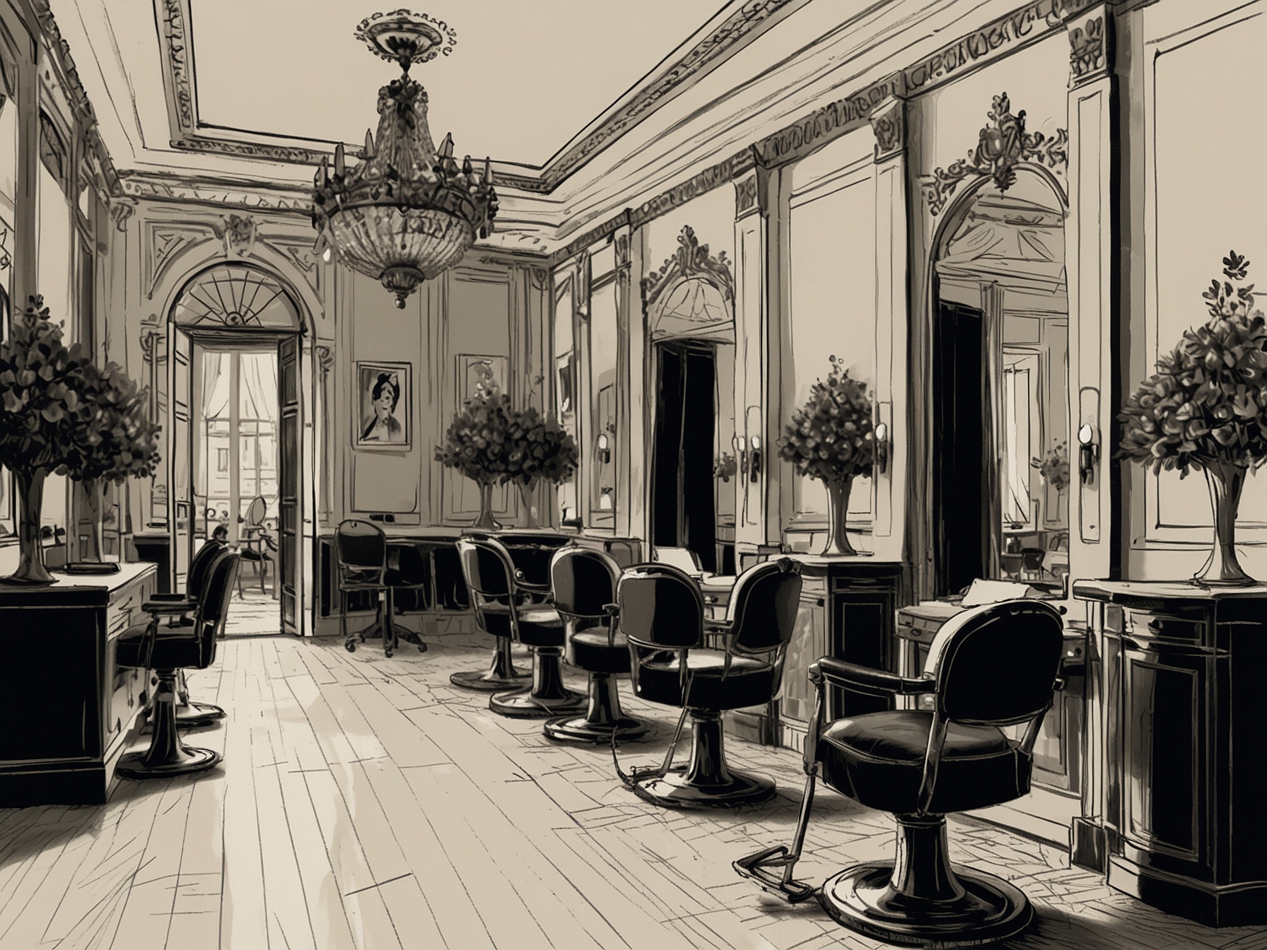 An elegant salon in Paris showcasing a luxurious interior with a stylish client getting a chic French girl trim from a professional hairstylist.